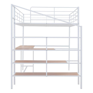 Full Size Metal Loft Bed with Desk and Lateral Storage Ladder, White