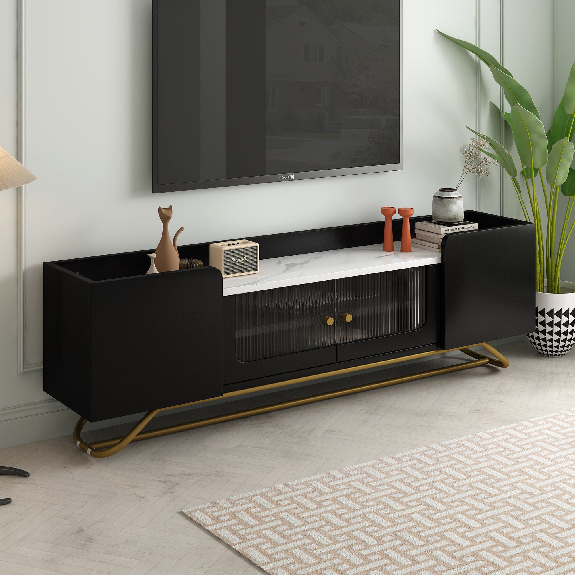 🆓🚛 Sleek Design TV Stand With Fluted Glass, Contemporary Entertainment Center for TV'S Up To 70", Faux Marble Top TV Console Table With Gold Frame Base, Black