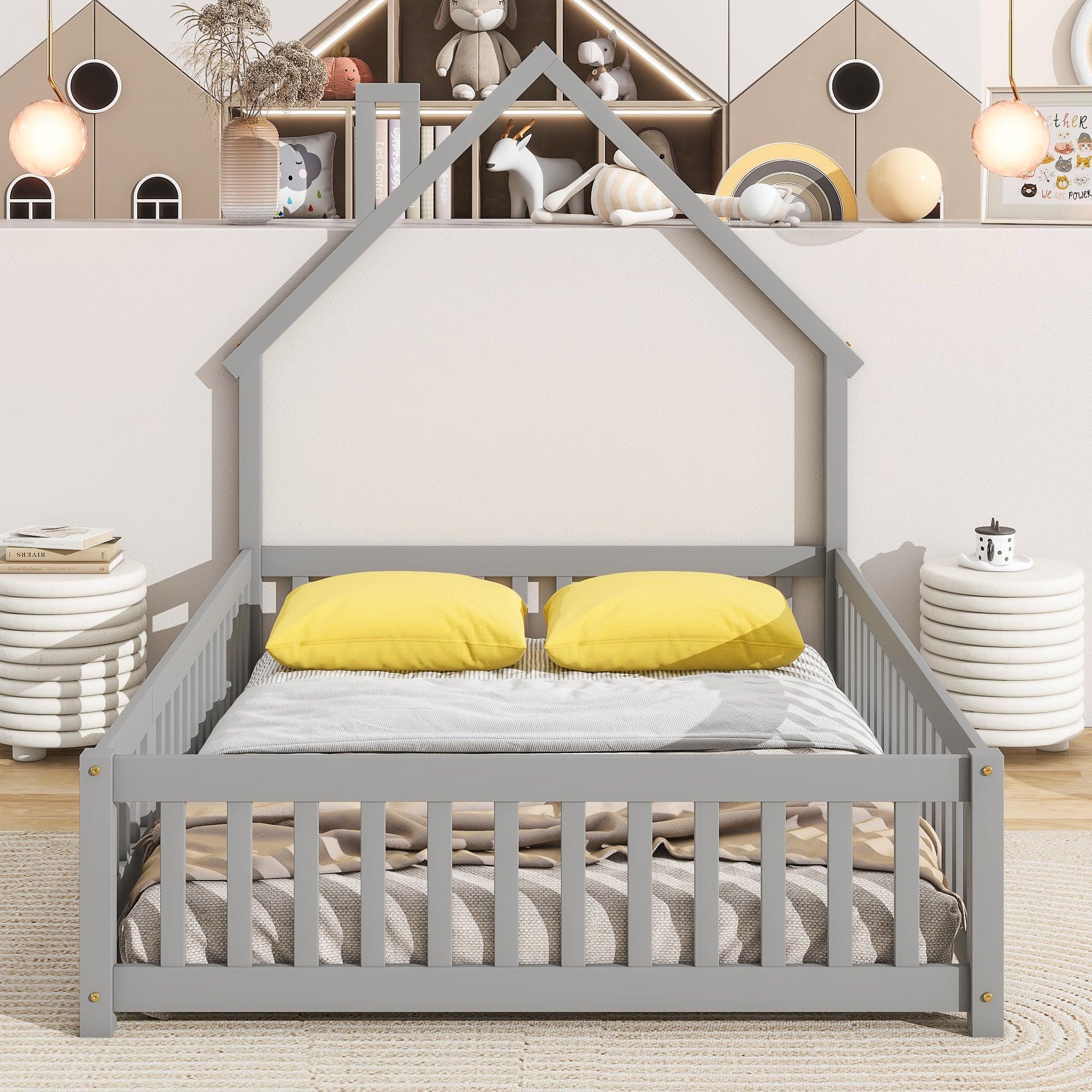 🆓🚛 Full House-Shaped Headboard Floor Bed With Fence, Gray