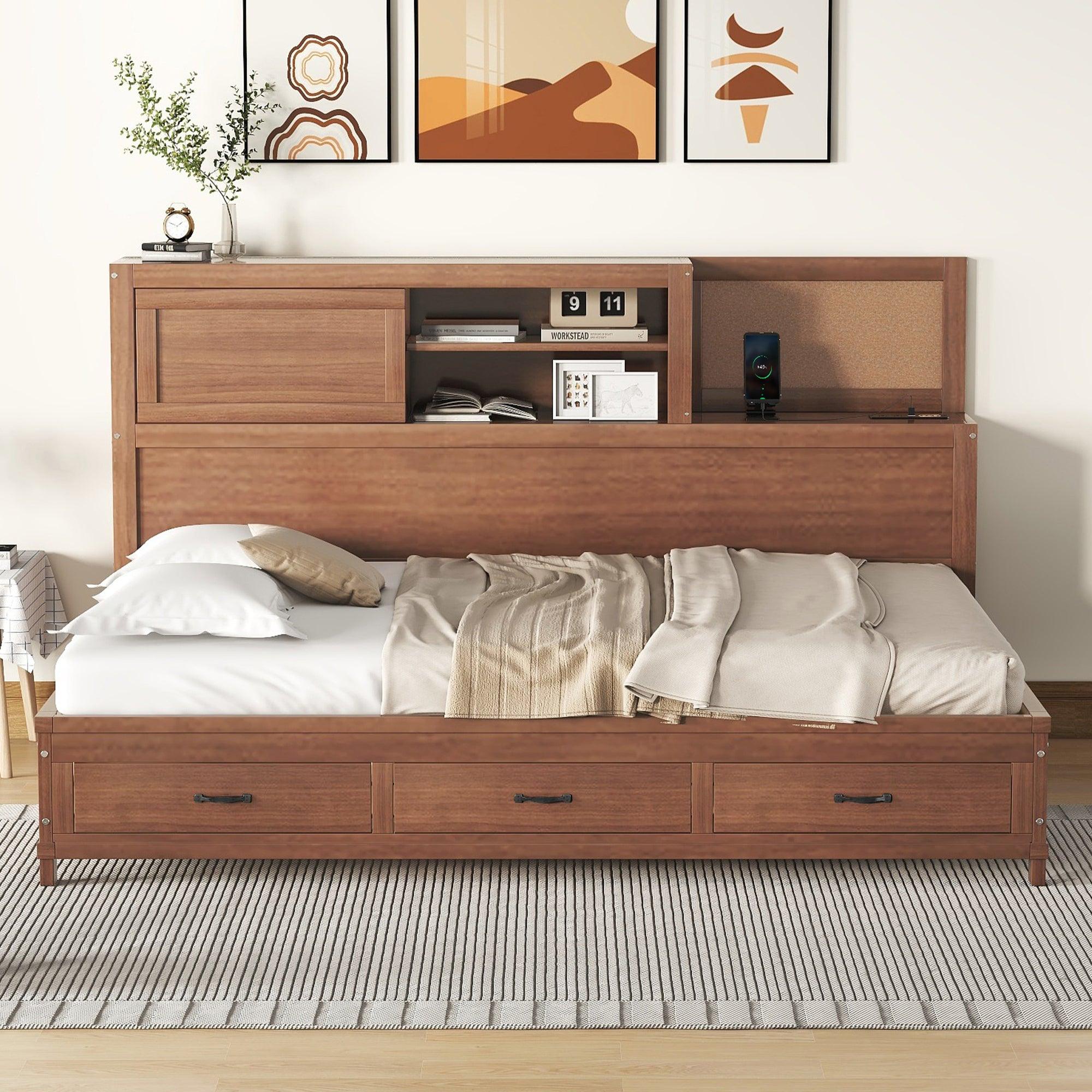 🆓🚛 Full Size Wooden Daybed With 3 Storage Drawers, Upper Soft Board, Shelf, Set Of Sockets & Usb Ports, Brown