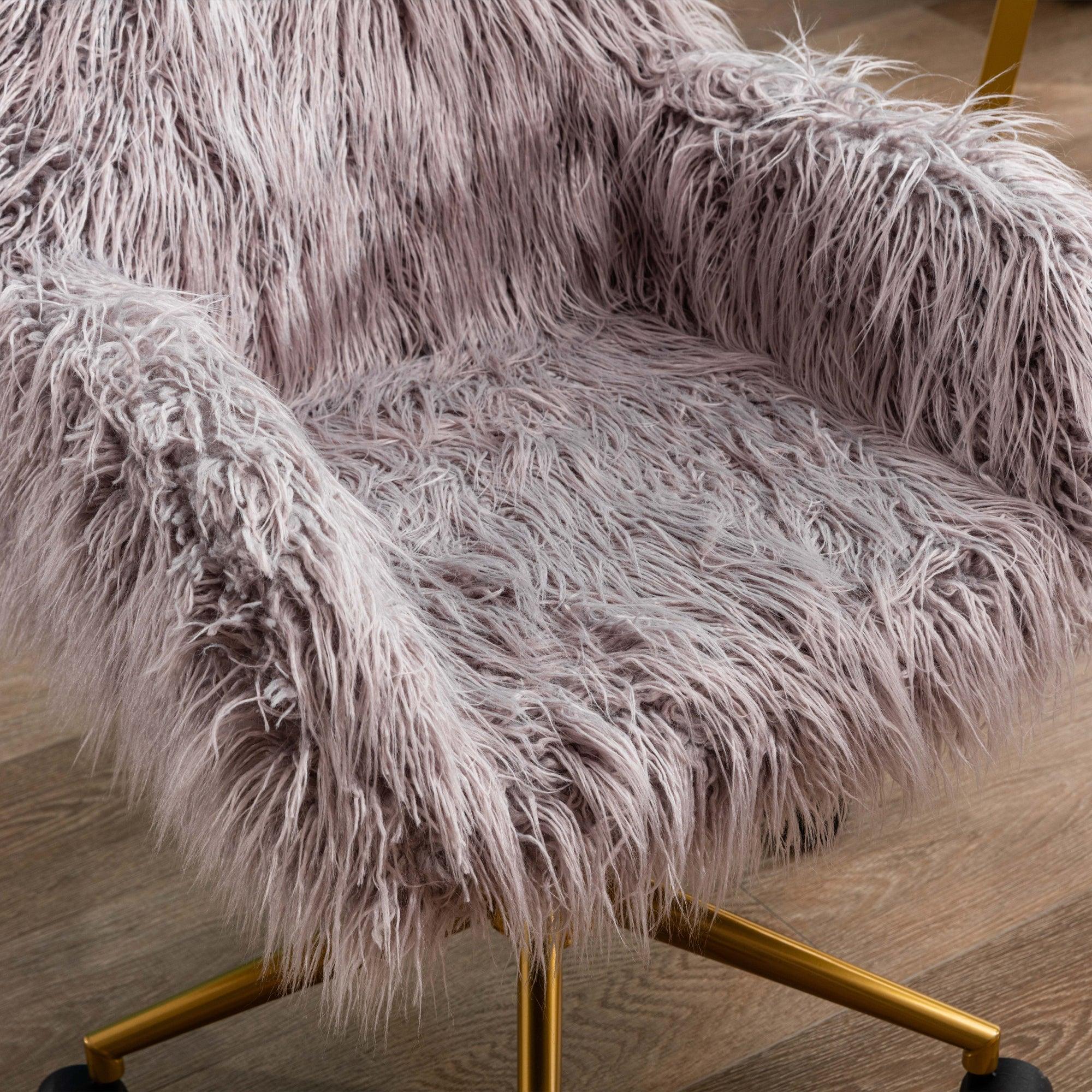 HengMing Modern Faux Fur Home Office Chair, Fluffy Chair For Girls, Makeup Vanity Chair With Gold Plating Base