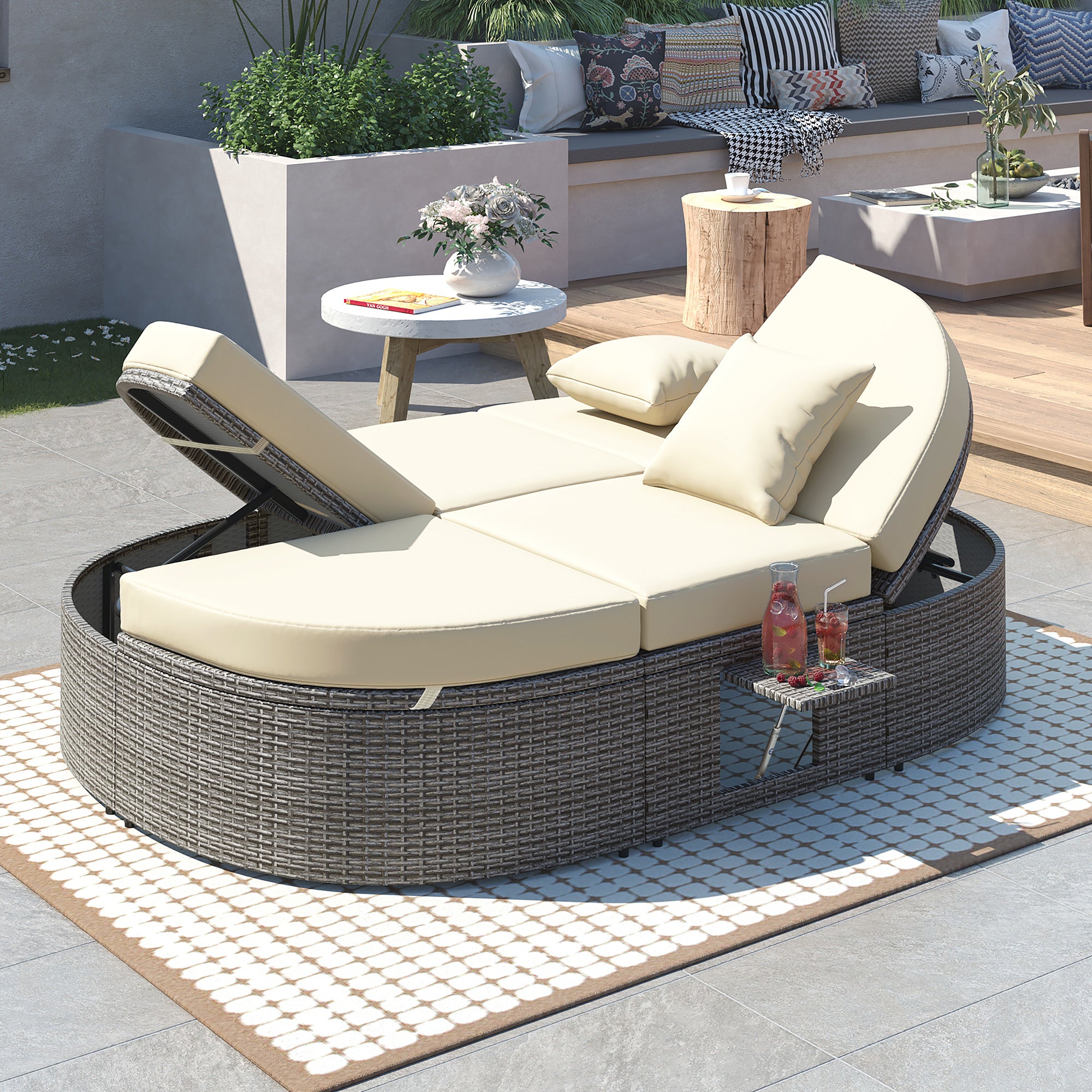 🆓🚛 Outdoor Sun Bed Patio 2-Person Daybed With Cushions and Pillows, Rattan Garden Reclining Chaise Lounge With Adjustable Backrests and Foldable Cup Trays for Lawn, Poolside, Beige