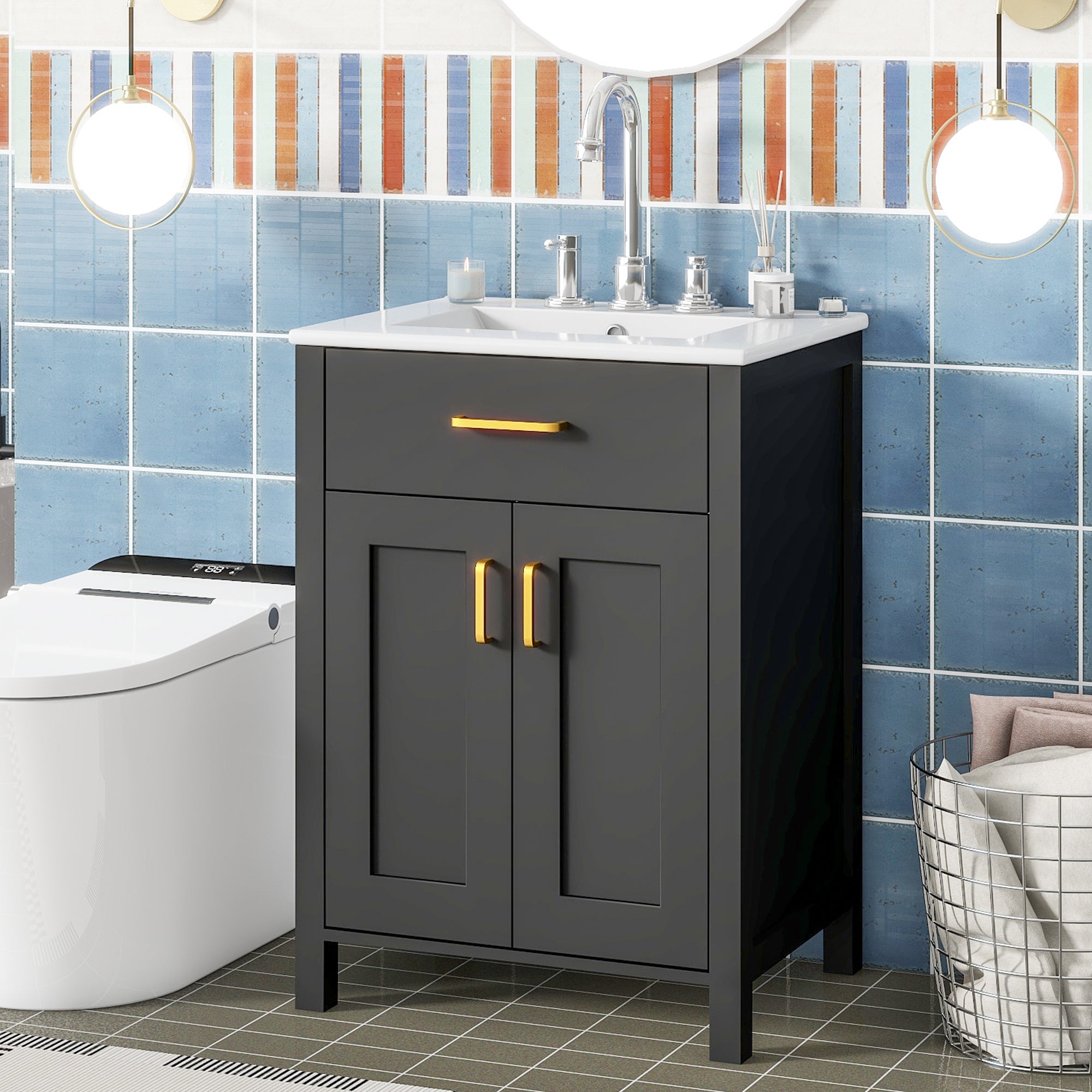 24" Bathroom Vanity Combo With Ceramic Sink, Luxurious Space-Saving Vanity - W24"*D18"*H34"Inch, 2 Soft-Close Doors