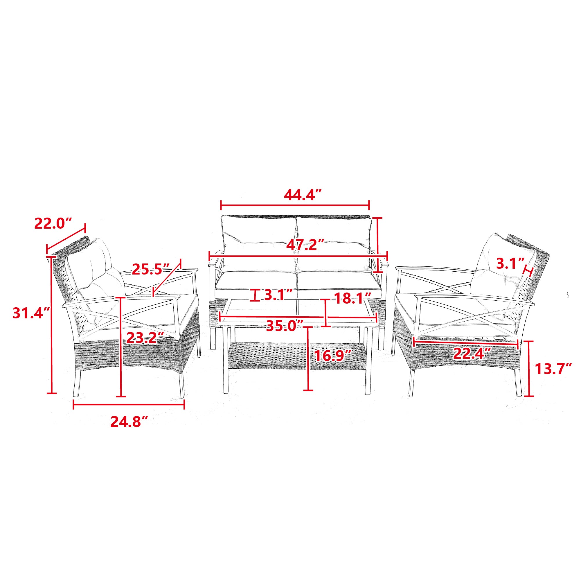 🆓🚛 Patio 4 Piece Sectional Low Dining Conversation Sofa Set, Kd Rattan Wicker Outdoor Garden Furniture Corner Sofa Set With Gray Cushions