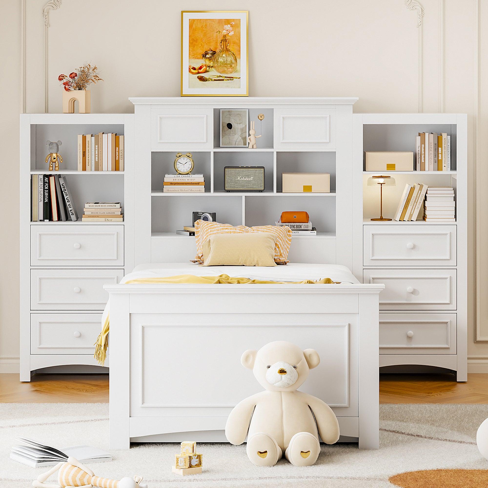 🆓🚛 Twin Size Wood Platformbed With Vertical All-in-One Cabinet & 4 Drawers On Each Side, White