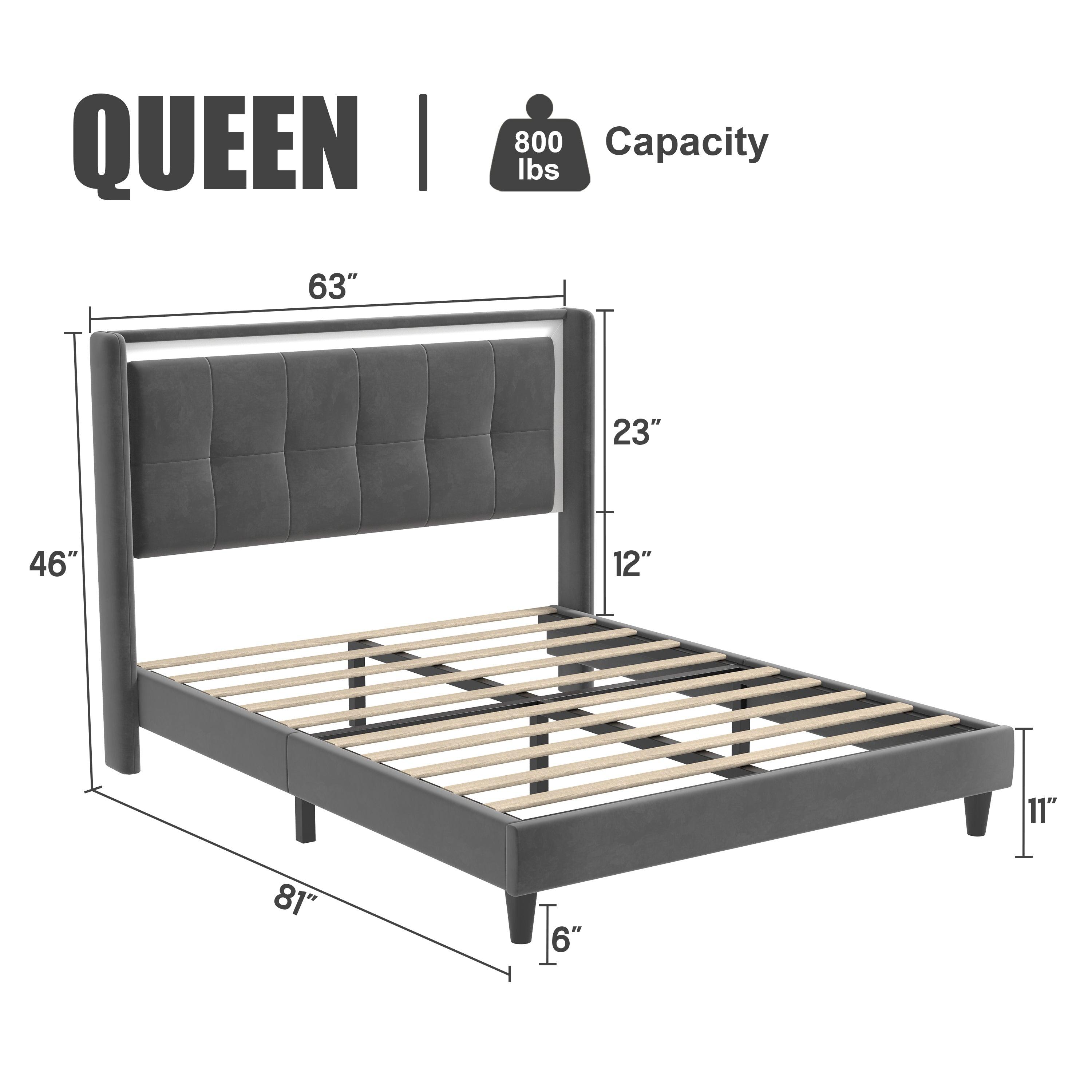 🆓🚛 Queen Size Upholstered Platform Bed Frame With Headboard and Sturdy Wooden Slats, High Load-Bearing Capacity, Non-Slip and Noiseless, No Springs Required, Easy To Assemble, Dark Gray Bed