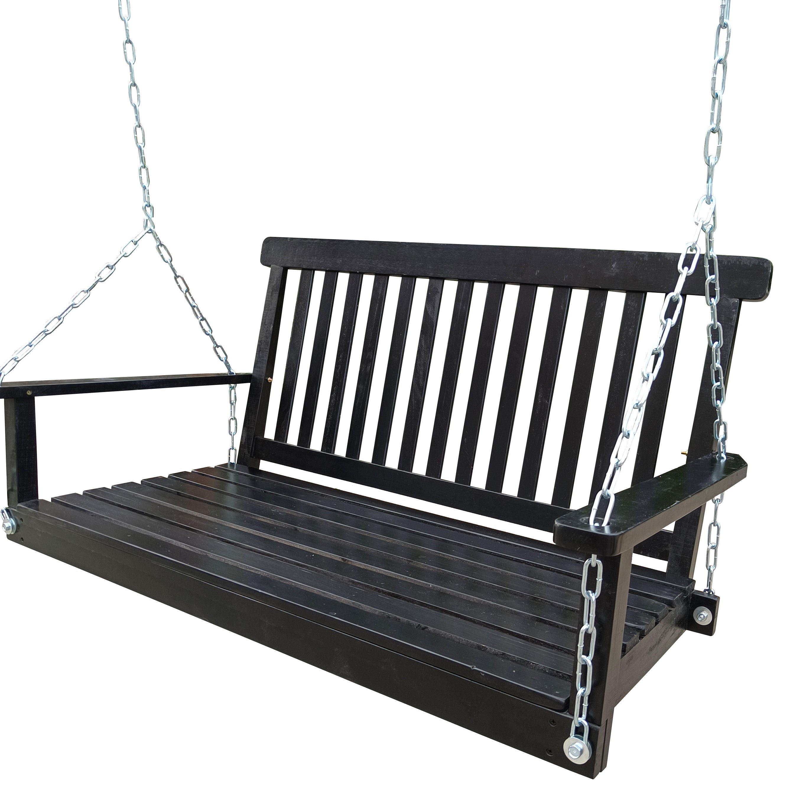 🆓🚛 Porch Swing with Armrests, Wood Bench Swing with Hanging Chains, Black