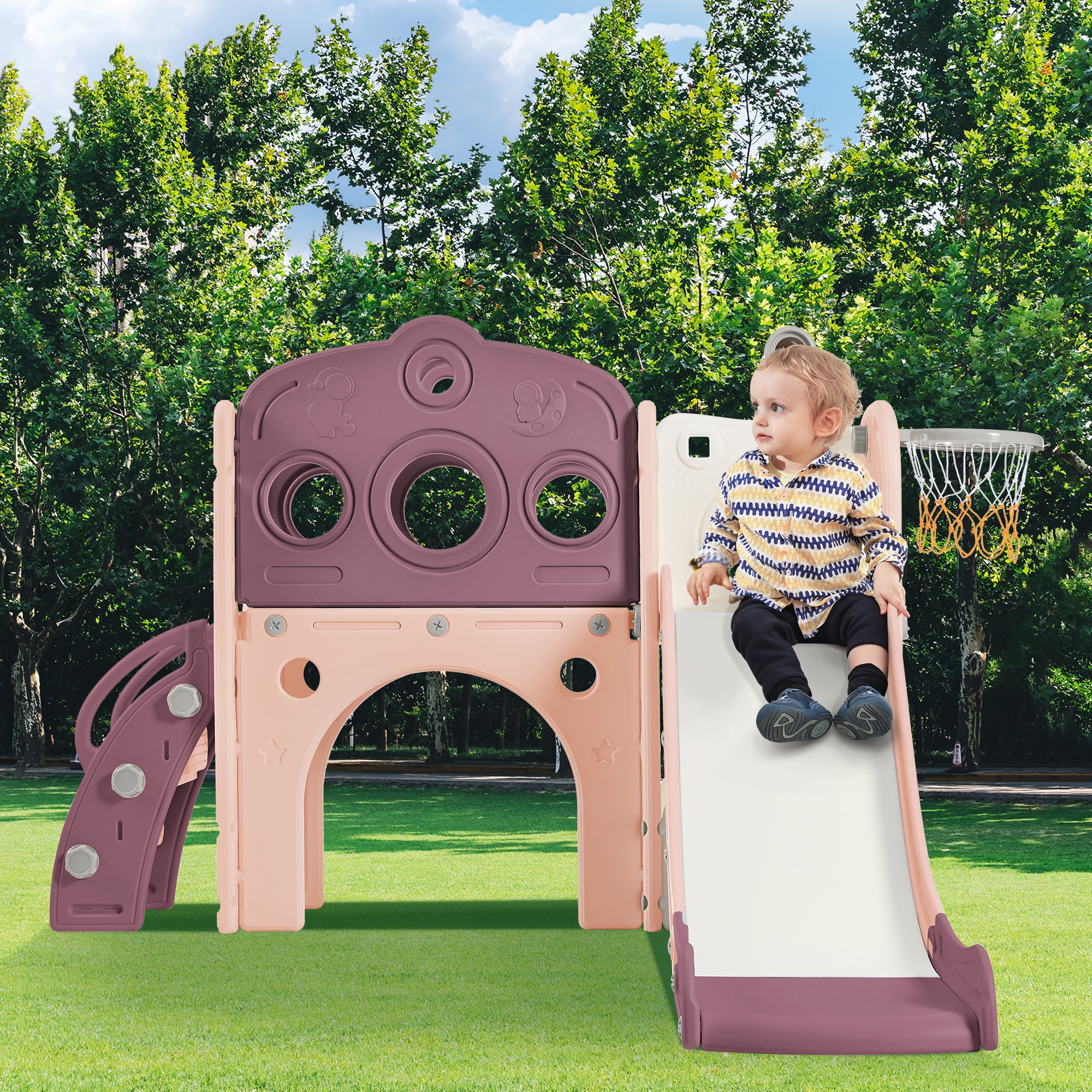 🆓🚛 7 In 1 Toddler Slide Set, Freestanding Spaceship Set With Slide, Kids Slide Playset Structure, Arch Tunnel and Basketball Hoop, Toy Storage Organizer for Toddlers, Kids Climbers Playground