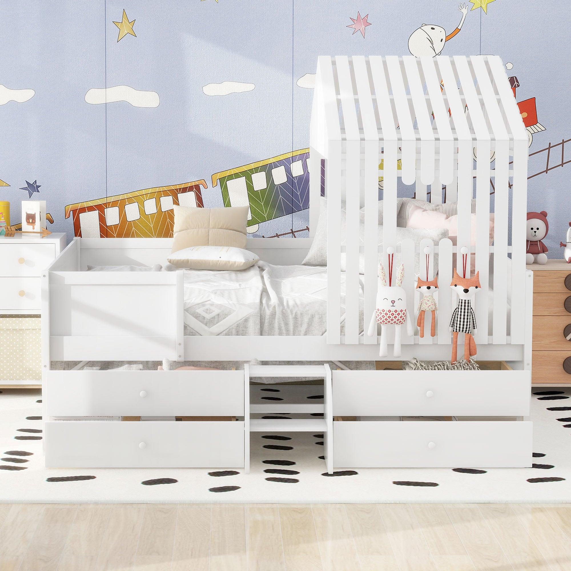 Full Size House Low Loft Bed with Four Drawers, White