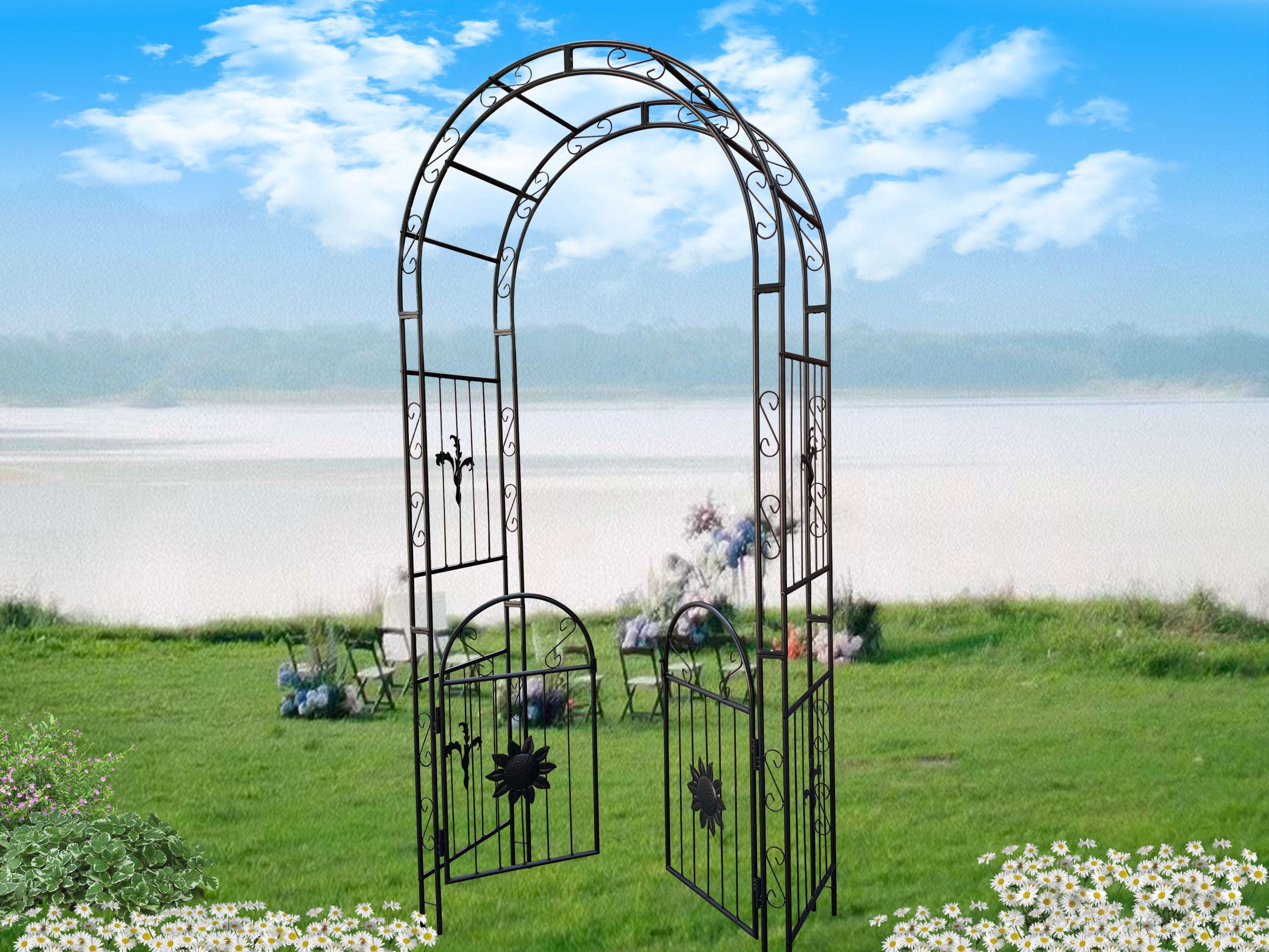 🆓🚛 Metal Garden Arch with Doors Garden Arbor Trellis Climbing Plants Support Arch Outdoor Arch Wedding Arch Party Events Archway Black