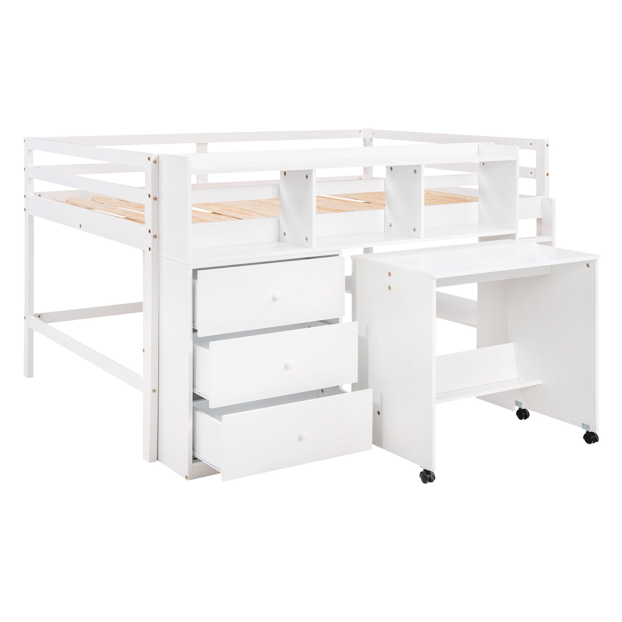 Full Size Low Loft Bed with Rolling Portable Desk, Drawers and Shelves, White