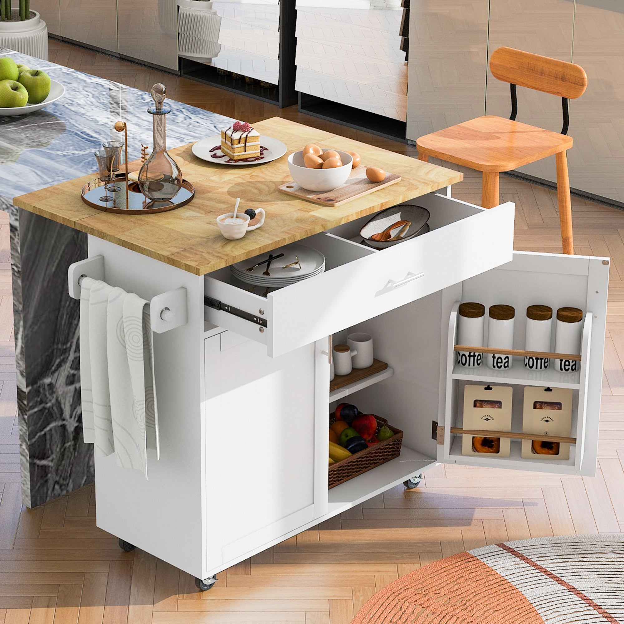 🆓🚛 Rolling Kitchen Island With Storage, Kitchen Cart With Rubber Wood Top, Spacious Drawer With Divider and Internal Storage Rack, Kitchen Island On Wheels With Adjustable Shelf Tower Rack, White