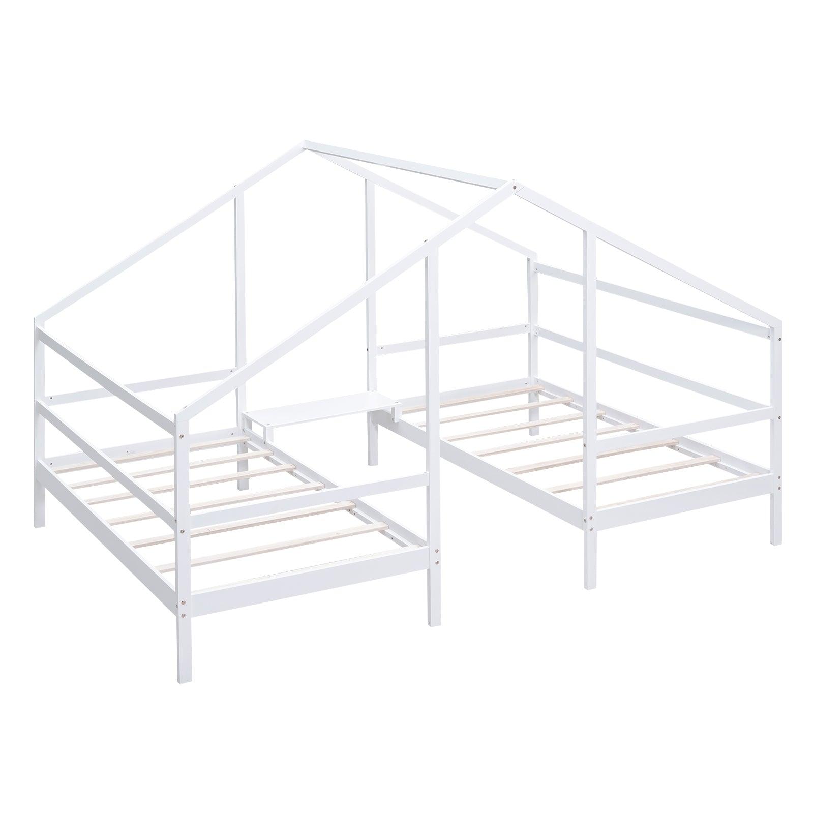 Double Twin Size Triangular House Beds with Built-in Table, White