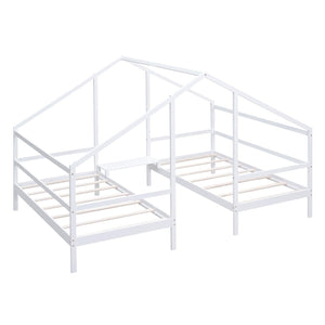 Double Twin Size Triangular House Beds with Built-in Table, White