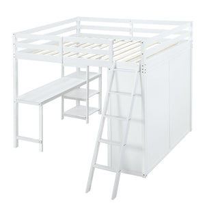 Full Size Loft Bed with Wardrobe and Desk and Shelves, White