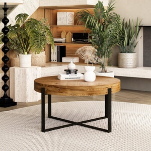 33.86" Modern Retro Splicing Round Coffee Table, Fir Wood Table Top with Black Cross Legs Base