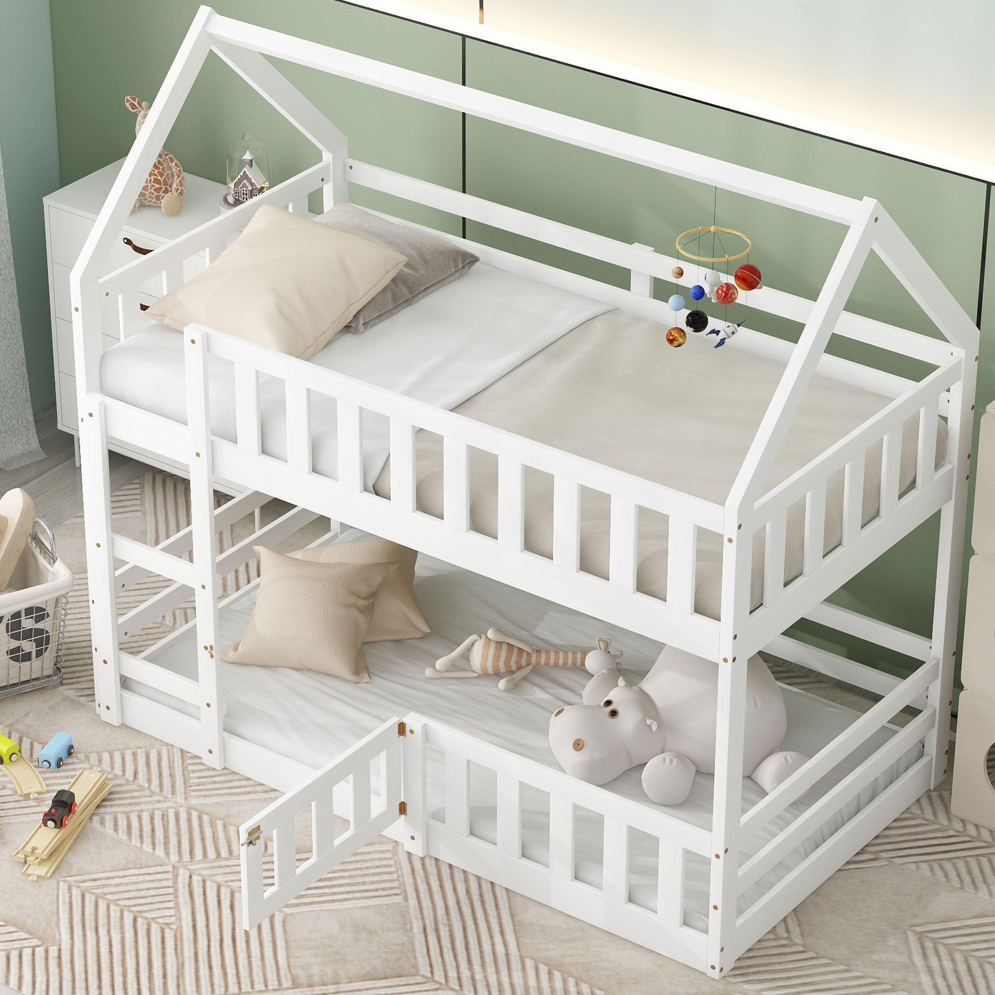 🆓🚛 Twin Over Twin House Bunk Bed With Fence & Door, White