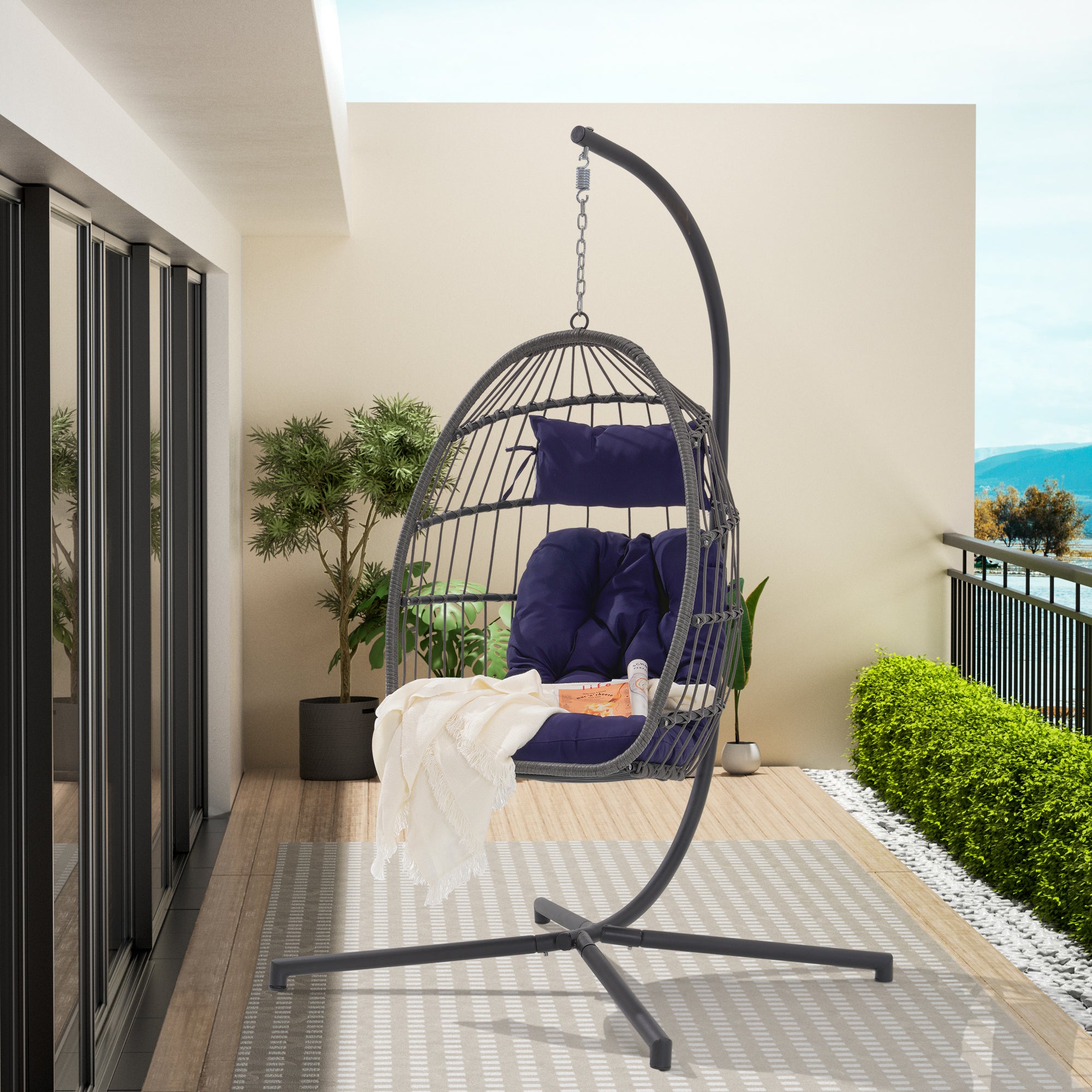 🆓🚛 Outdoor Garden Rattan Egg Swing Chair Hanging Chair, Dark Blue Cushion