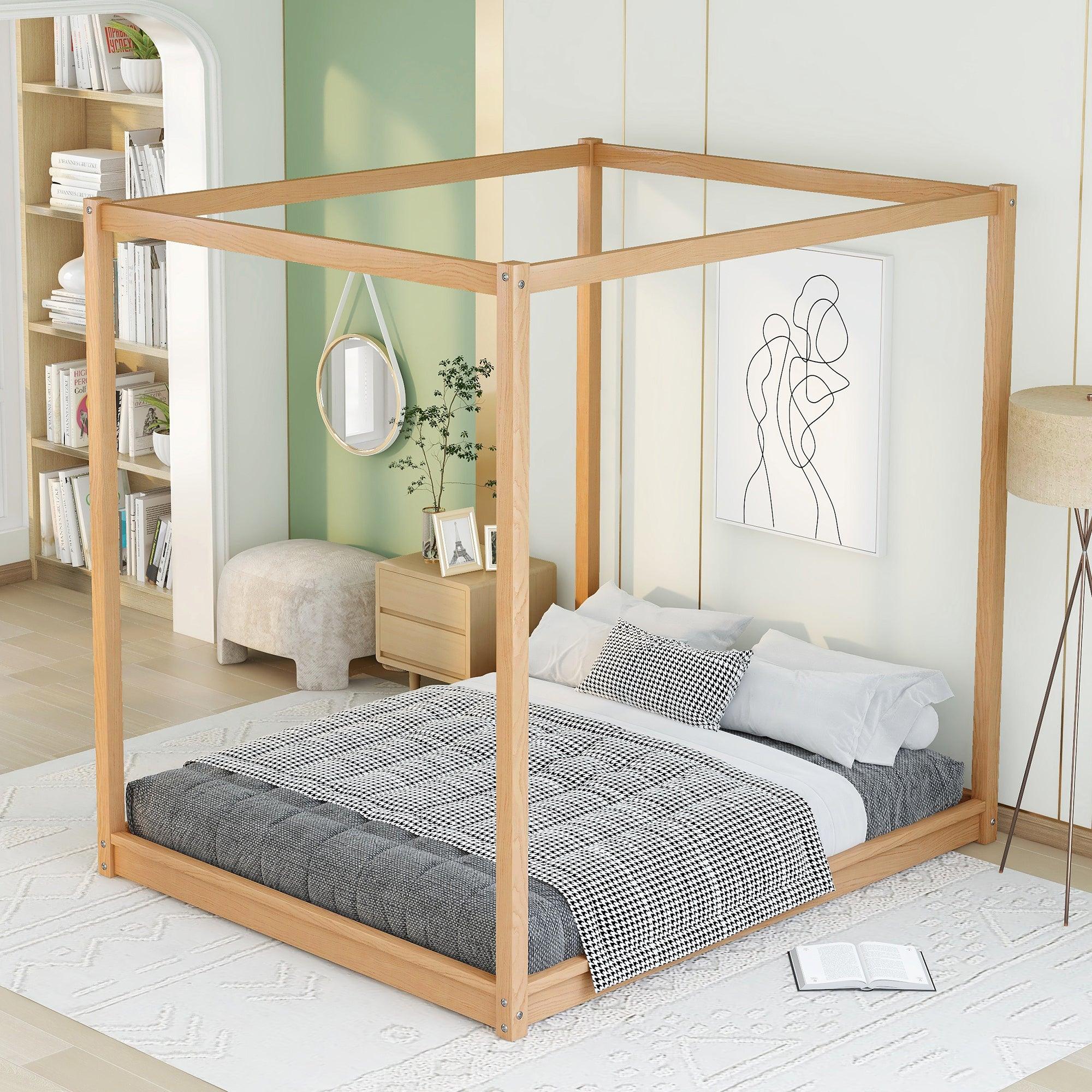 🆓🚛 Queen Size Canopy Platform Bed With Support Legs, Natural