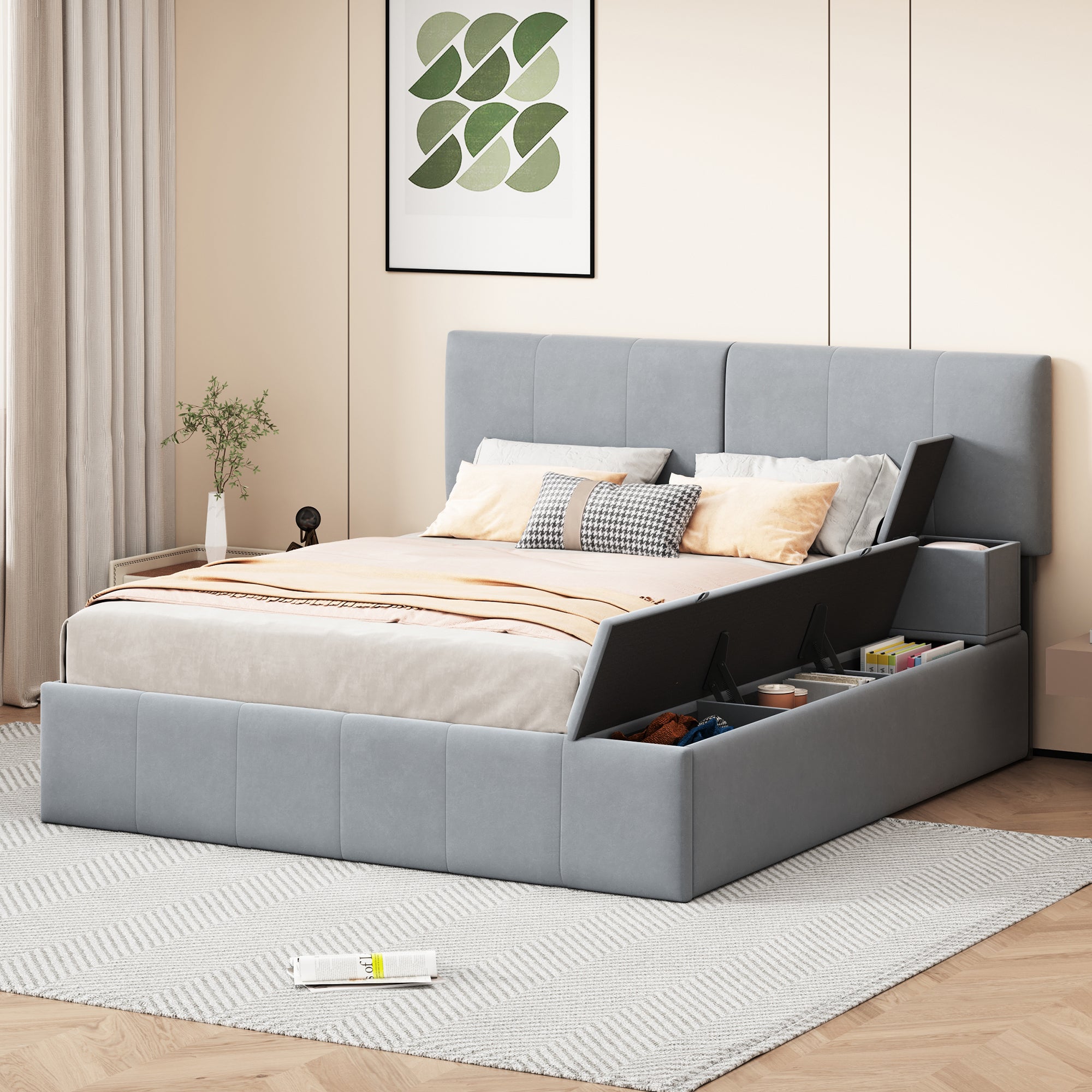 🆓🚛 Queen Size Upholstered Platform Bed with Lateral Storage Compartments and Thick Fabric, Velvet, Gray
