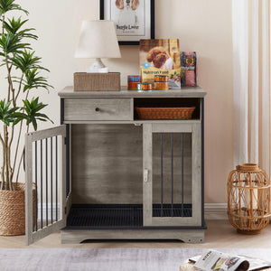 Furniture Dog Crate, Indoor Pet Crate End Tables, Decorative Wooden Kennels With Removable Trays. Grey, 32.3'' W X 22.8'' D X 33.5'' H.