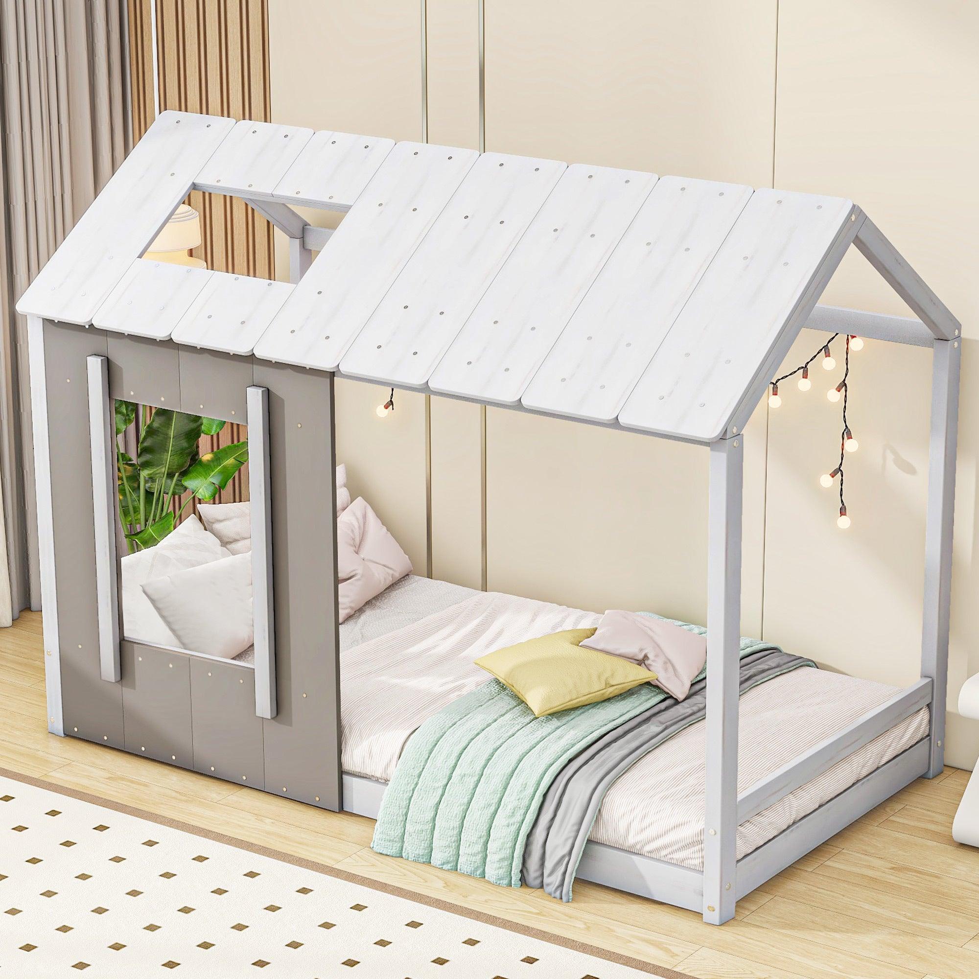 🆓🚛 Twin Size House Platform With Roof & Window, White & Antique Gray