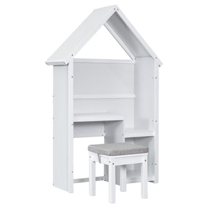 House-Shaped Desk With A Cushion Stool, White