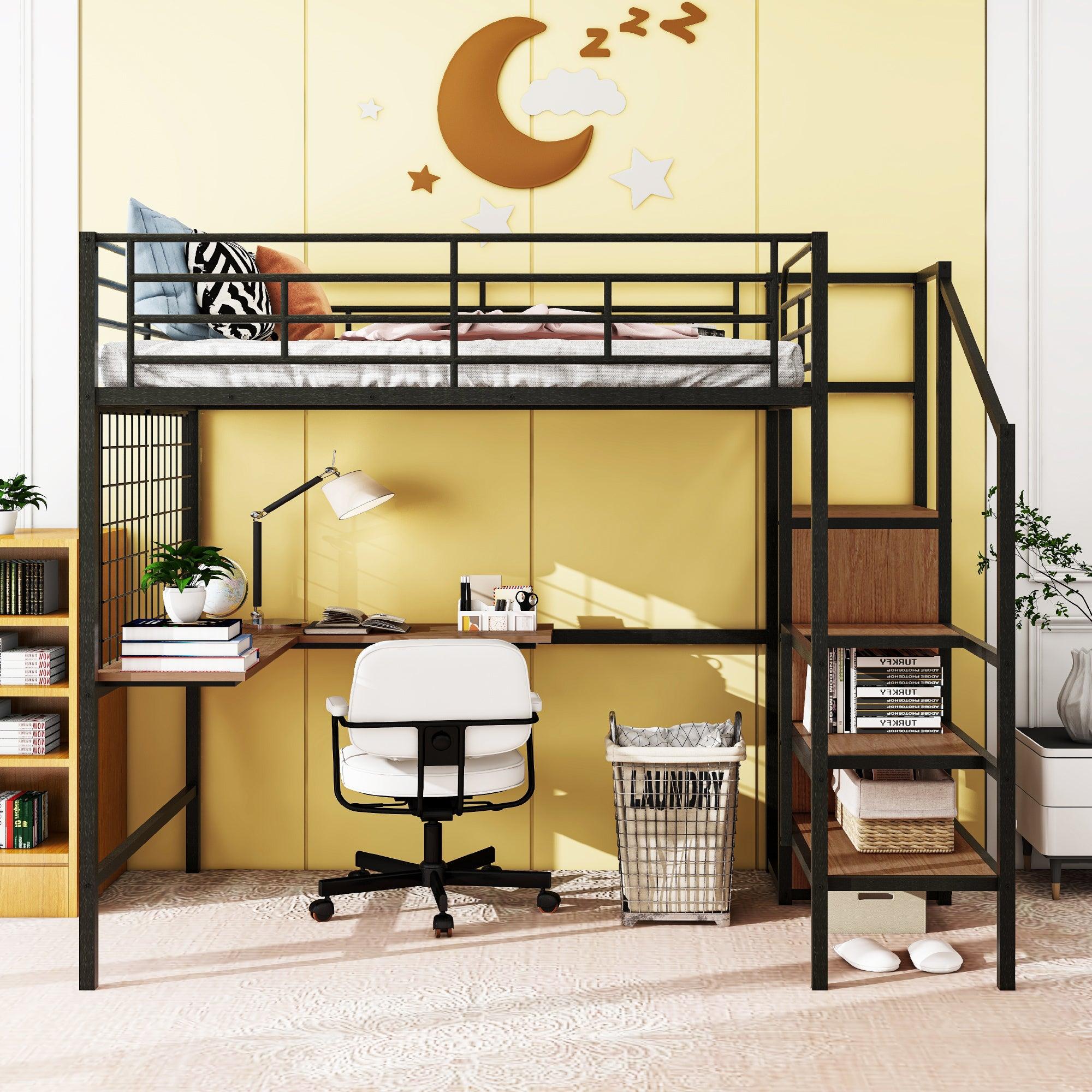 Full Size Metal Loft Bed with Desk and Metal Grid, Stylish Metal Frame Bed with Lateral Storage Ladder and Wardrobe, Black