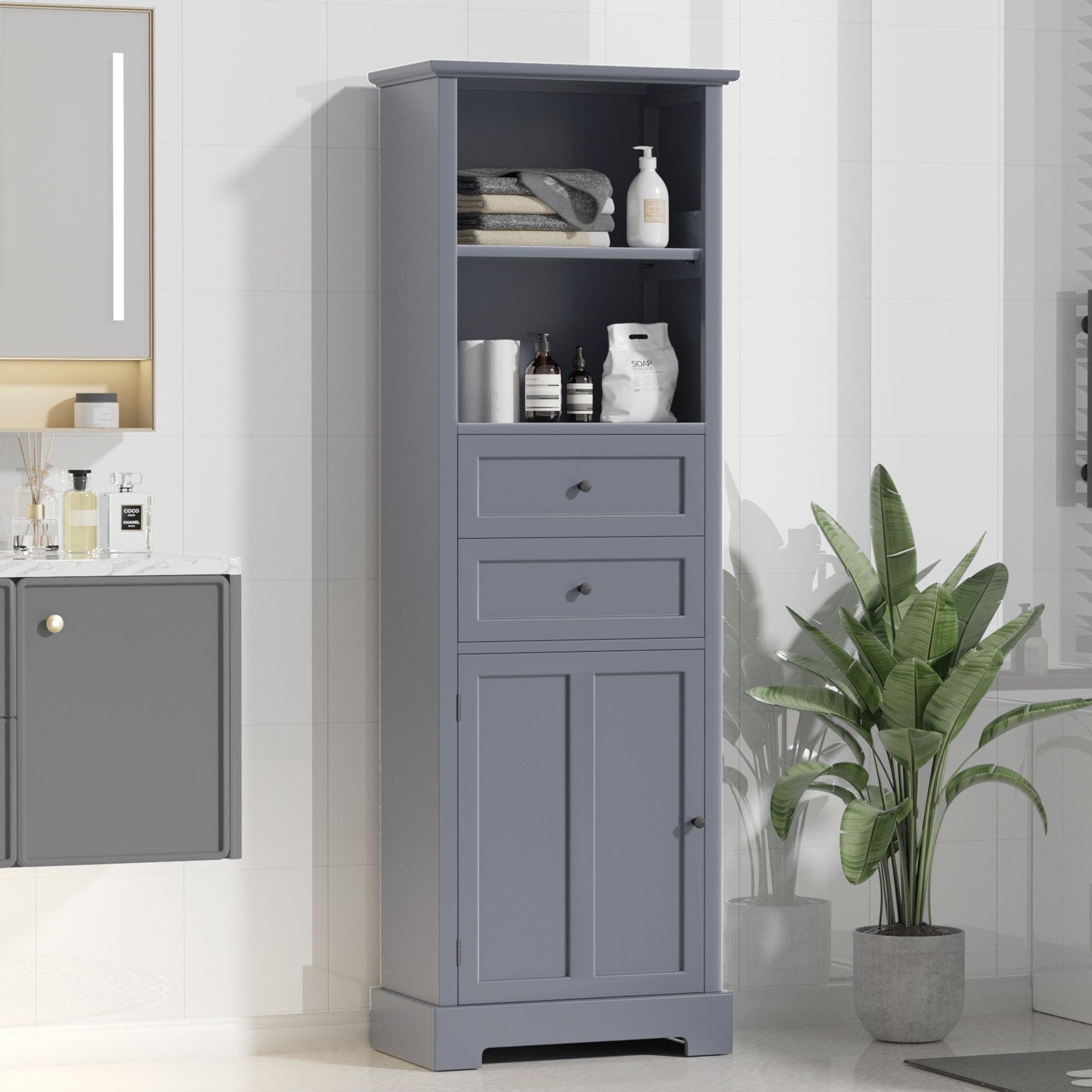 🆓🚛 Bathroom Storage Cabinet, Tall Storage Cabinet With Two Drawers, Open Storage, Adjustable Shelf, Gray