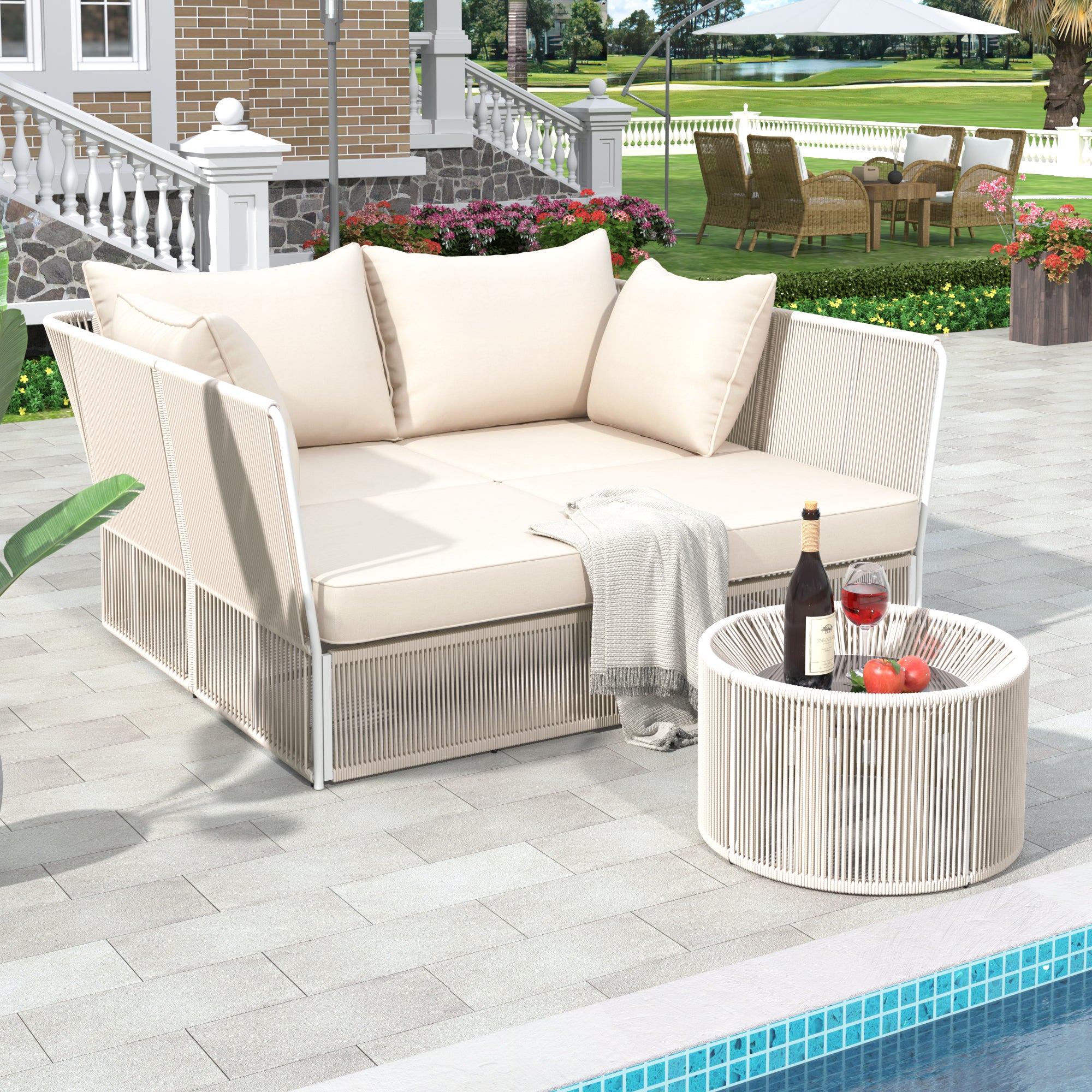 🆓🚛 2-Piece Outdoor Sunbed and Coffee Table Set, Patio Double Chaise Lounger Loveseat Daybed With Clear Tempered Glass Table for The Patio, Poolside (Beige Cushion + Natural Rope)