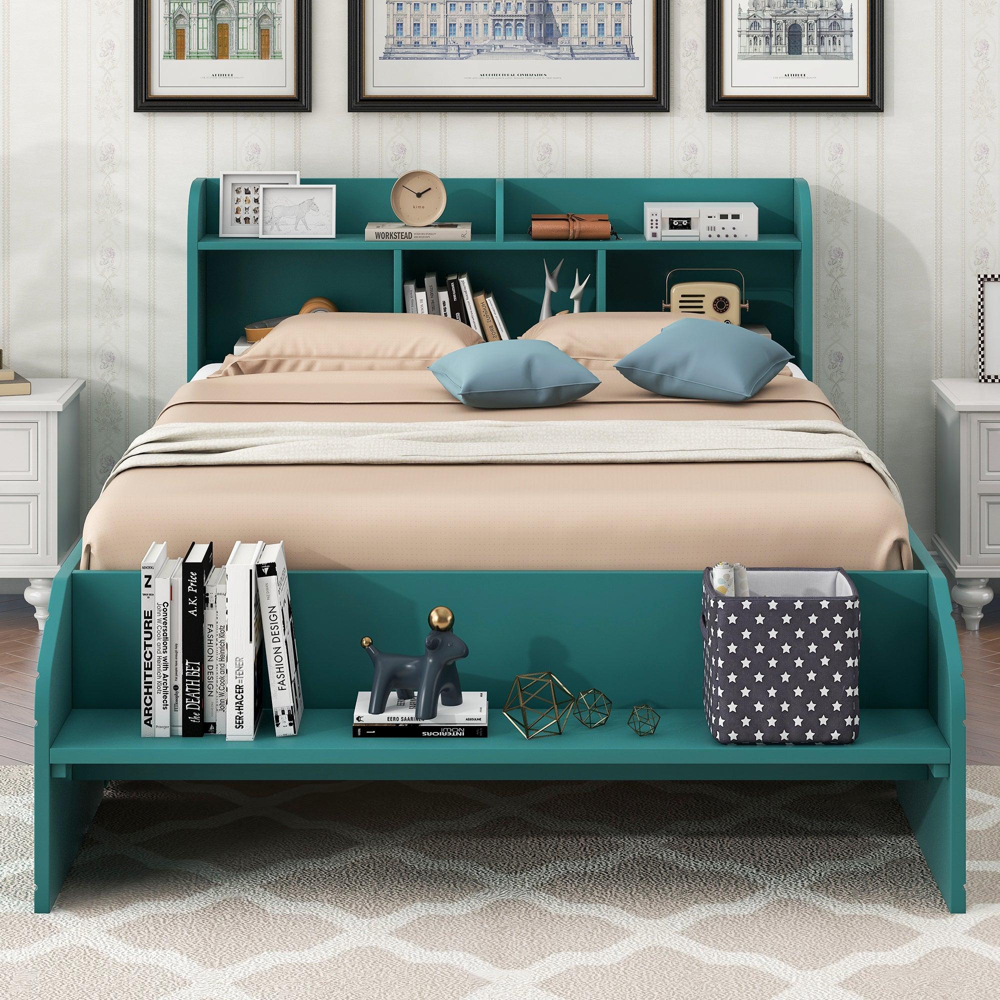 🆓🚛 Wood Full Size Platform Bed With 2 Drawers, Storage Headboard & Footboard, Dark Green