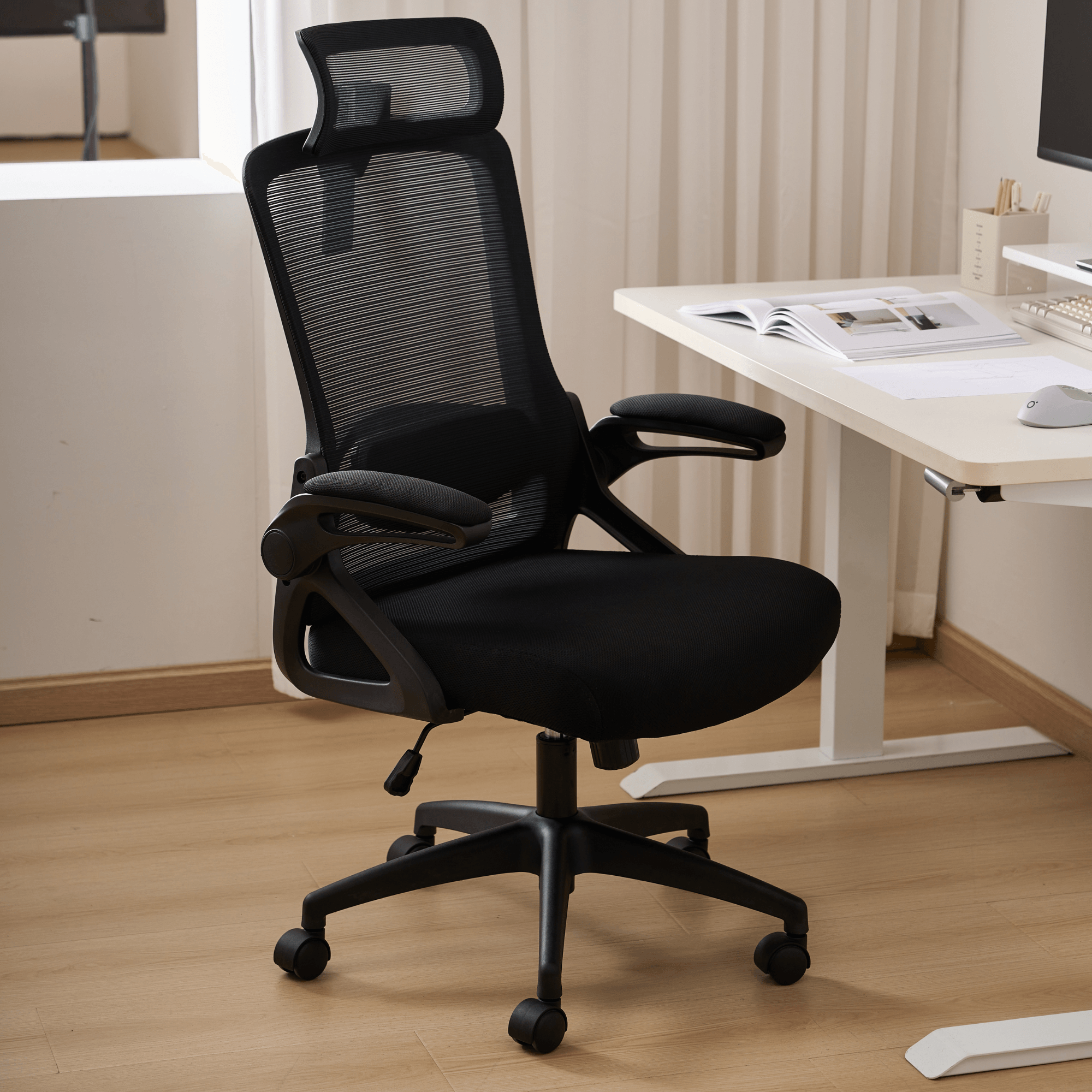 Ergonomic Office Desk Chair, Mesh High Back Computer Chair with Adjustable 3D Headrest & Lumbar Support & Flip-Up Arms Executive/Home/Study/Work Office Desk Chairs with Wheels