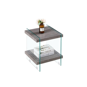 17.72" Sleek and Sturdy Tempered Glass Leg Side Table with Dual MDF Shelves, Modern nightstand  end table for living roon, bedroom, transparent/gray