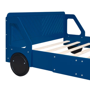 Full Size Car-Shaped Platform Bed with Wheels, Blue