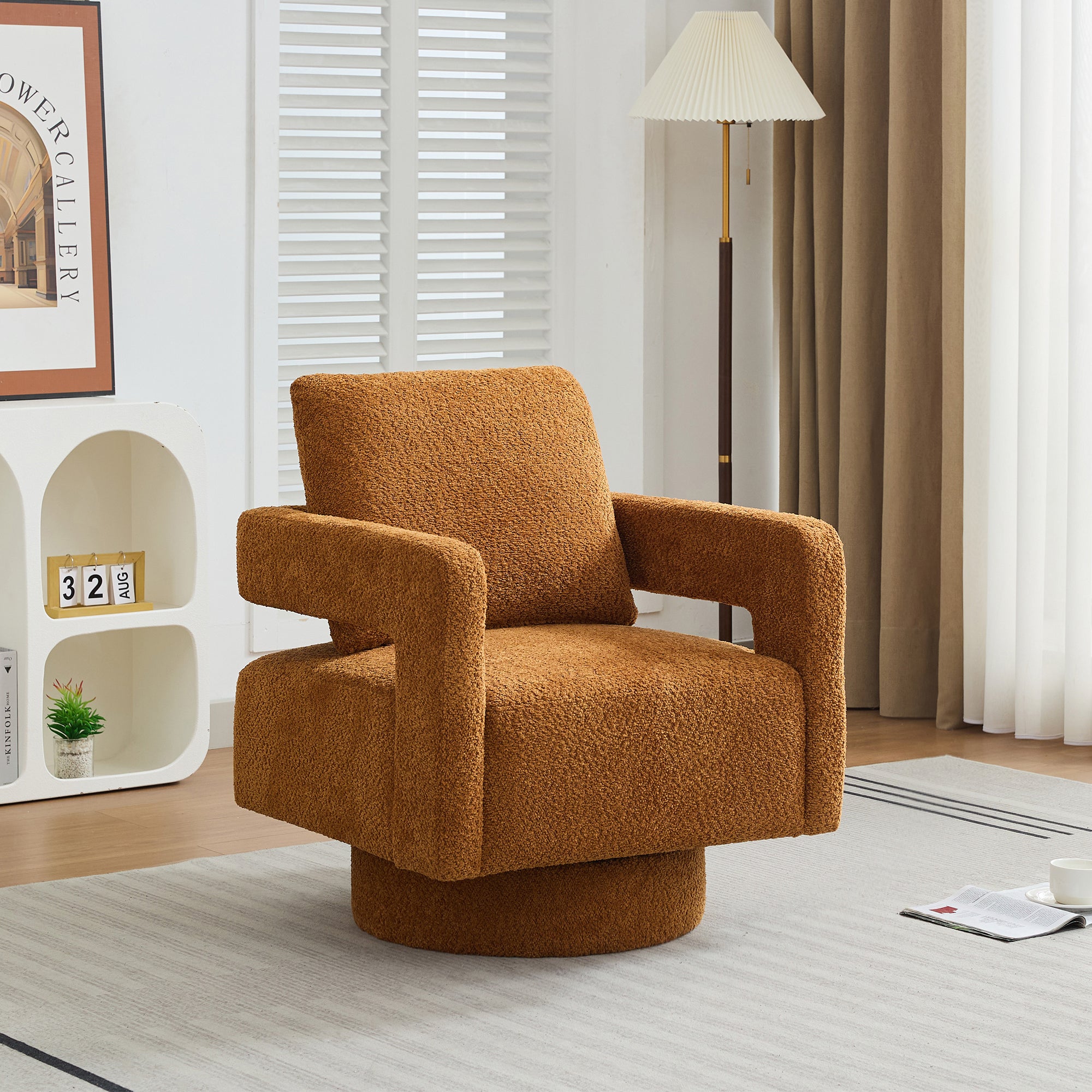 29.13" W Square Swivel Accent Chair, Modern Rotating Arm Chair With Open Back, 360 Degree Rotation, Lounge Club Chair With Removable Back Cushion for Living Room, Hotel, Bed Room, Caramel