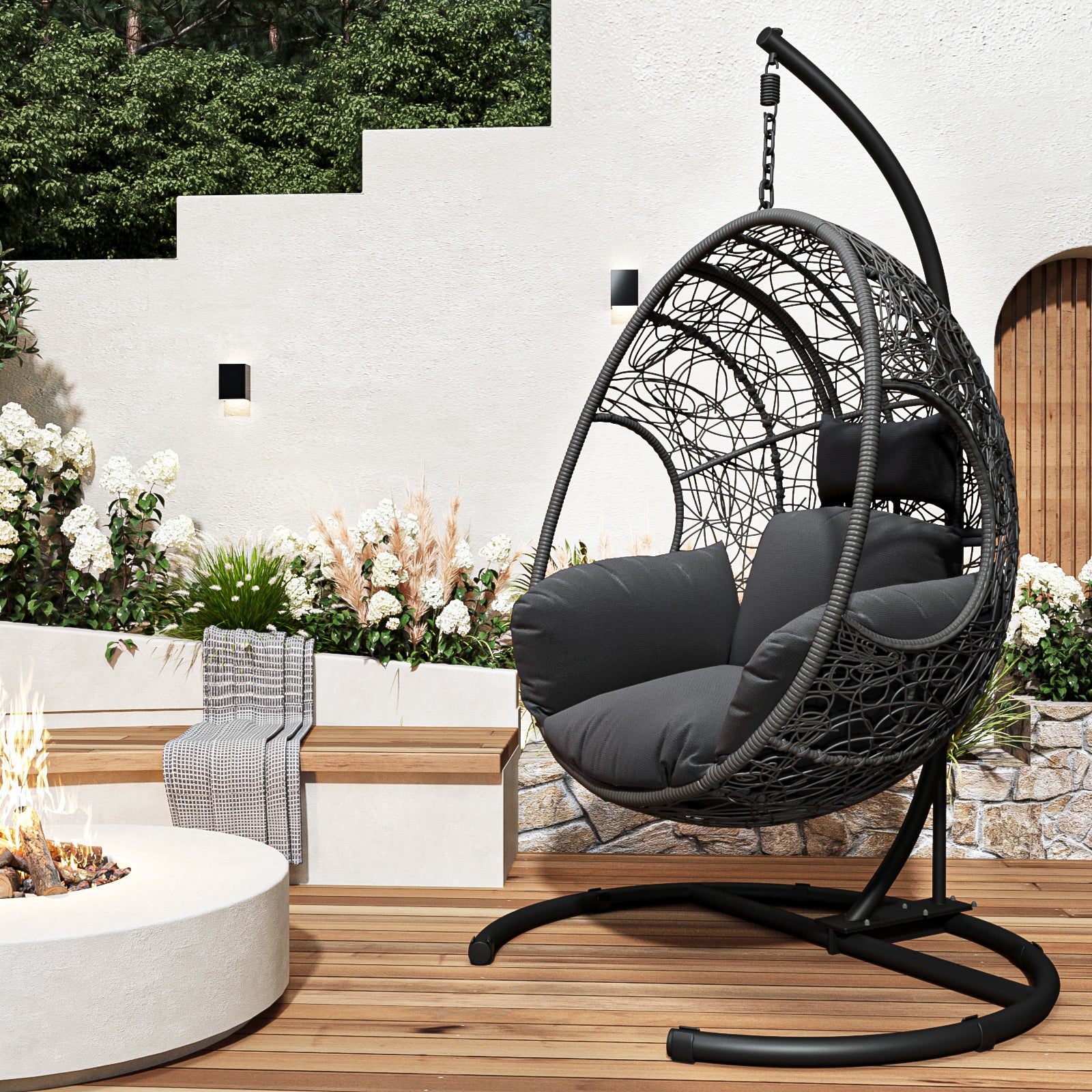 🆓🚛 Outdoor Indoor PE wicker Swing Egg Chair, Gray