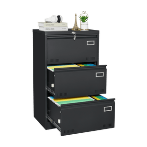 Filing Cabinet Lateral File Cabinet 3 Drawer, Blcak Locking Metal File Cabinets Three Drawer, Office Filing Cabinet with Lock Drawers for Home Office/Legal/Letter/A4/F4