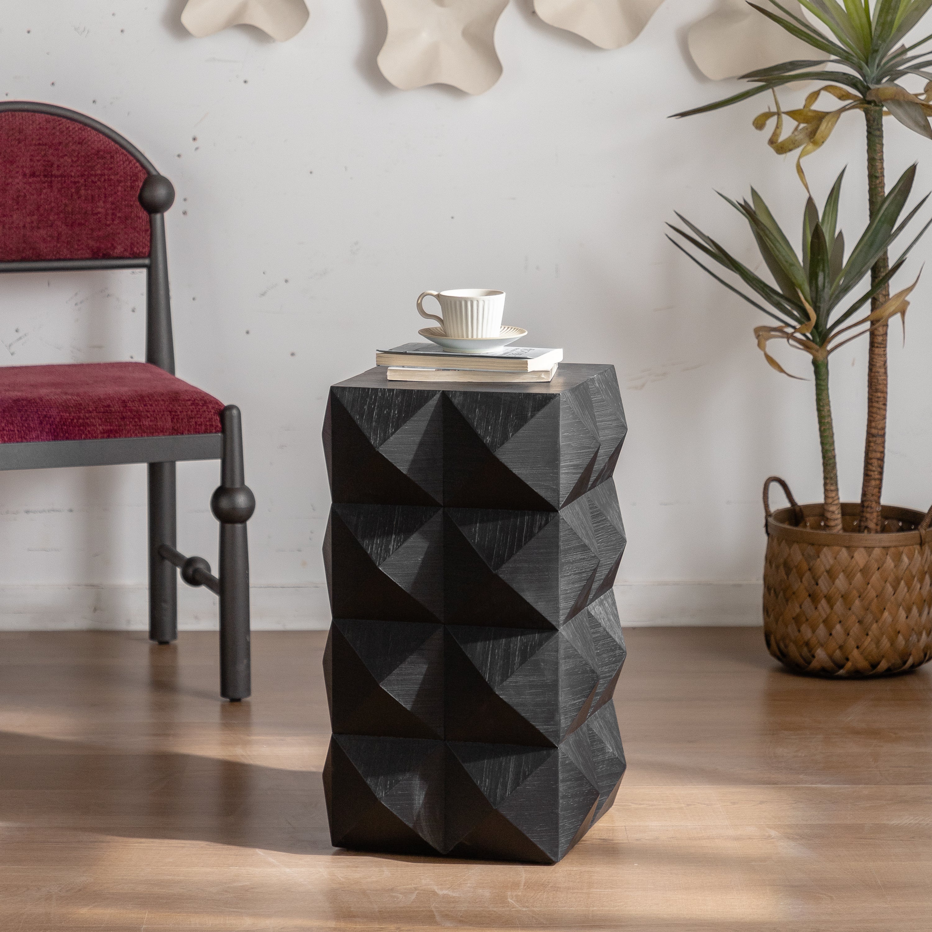 23.62" Height Three-dimensional Embossed Pattern Design Retro Side Table Retro Furniture, Black