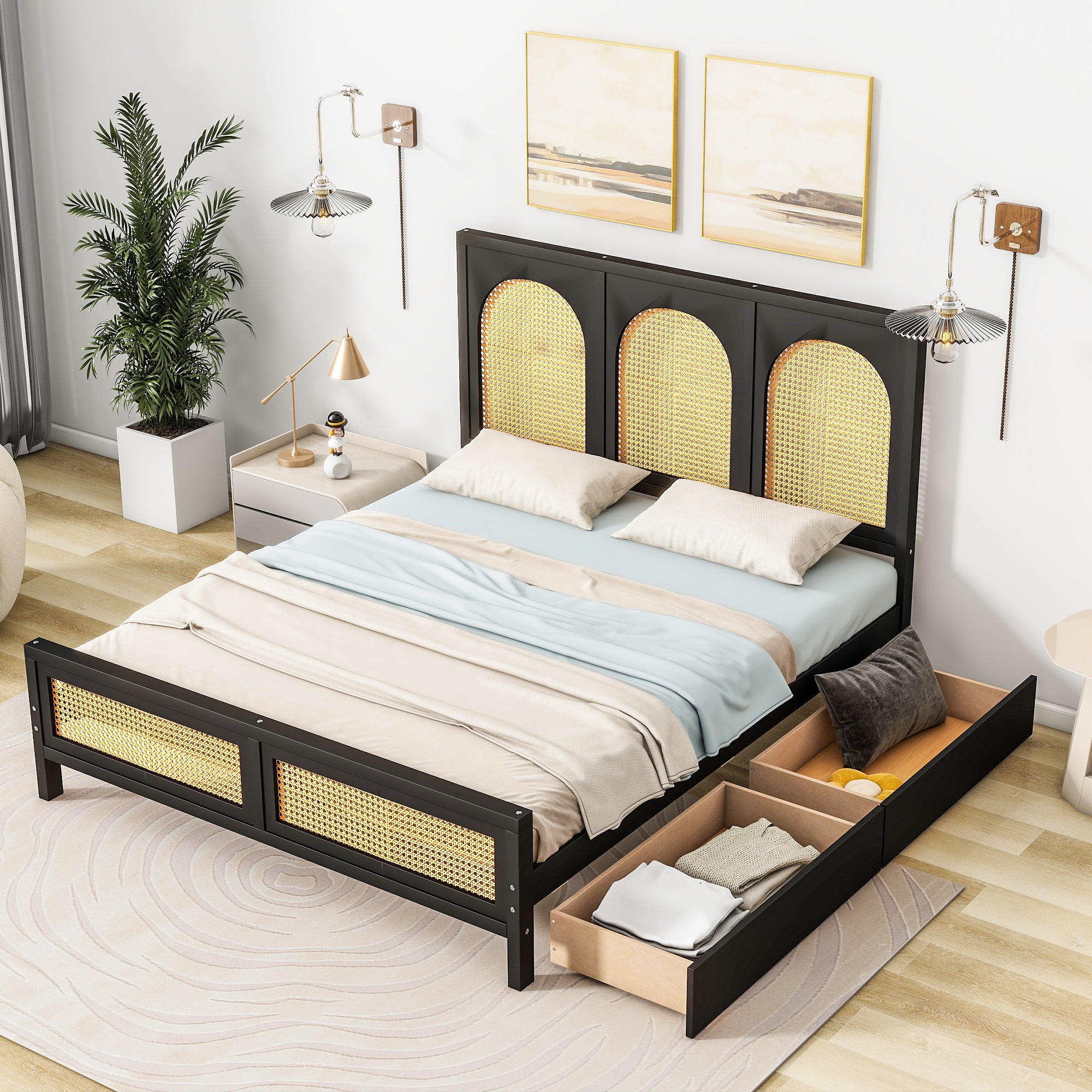 🆓🚛 Full Size Wood Storage Platform Bed With 2 Drawers, Rattan Headboard and Footboard, Black