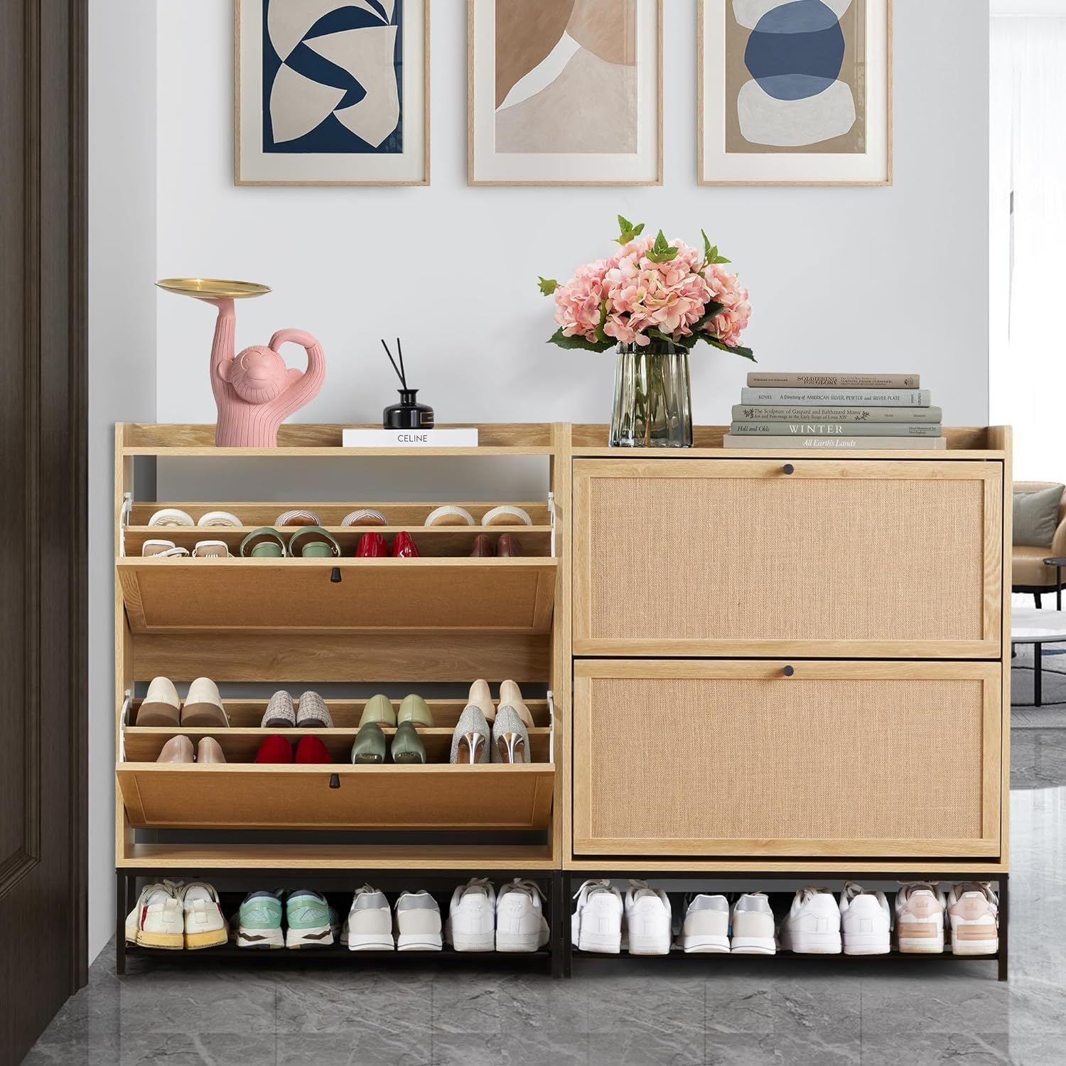 🆓🚛 Shoe Cabinet Set of 2, Wooden Narrow Shoe Racks Cabinet Storage With 2 Flip Drawers, Hidden Freestanding Shoe Organizer for Hallway, Entryway, Dark Oak