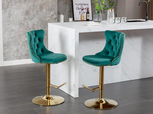 Golden Swivel Velvet Barstools Adjusatble Seat Height From 25-33 Inch, Modern Upholstered Bar Stools With Backs Comfortable Tufted For Home Pub And Kitchen Island（Green, Set Of 2）