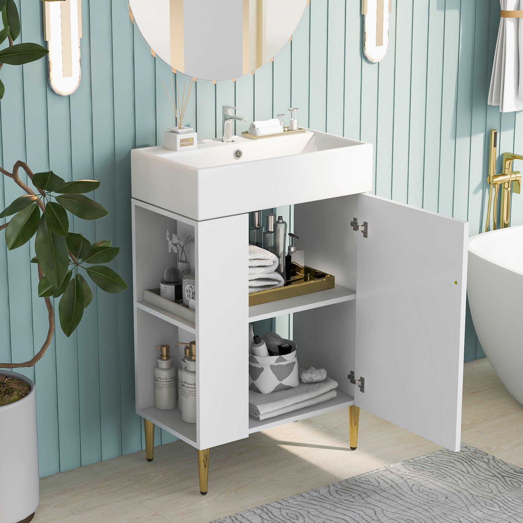 🆓🚛 21.6" White Bathroom Vanity, Combo Cabinet, Bathroom Storage Cabinet, Single Ceramic Sink, Left Side Storage