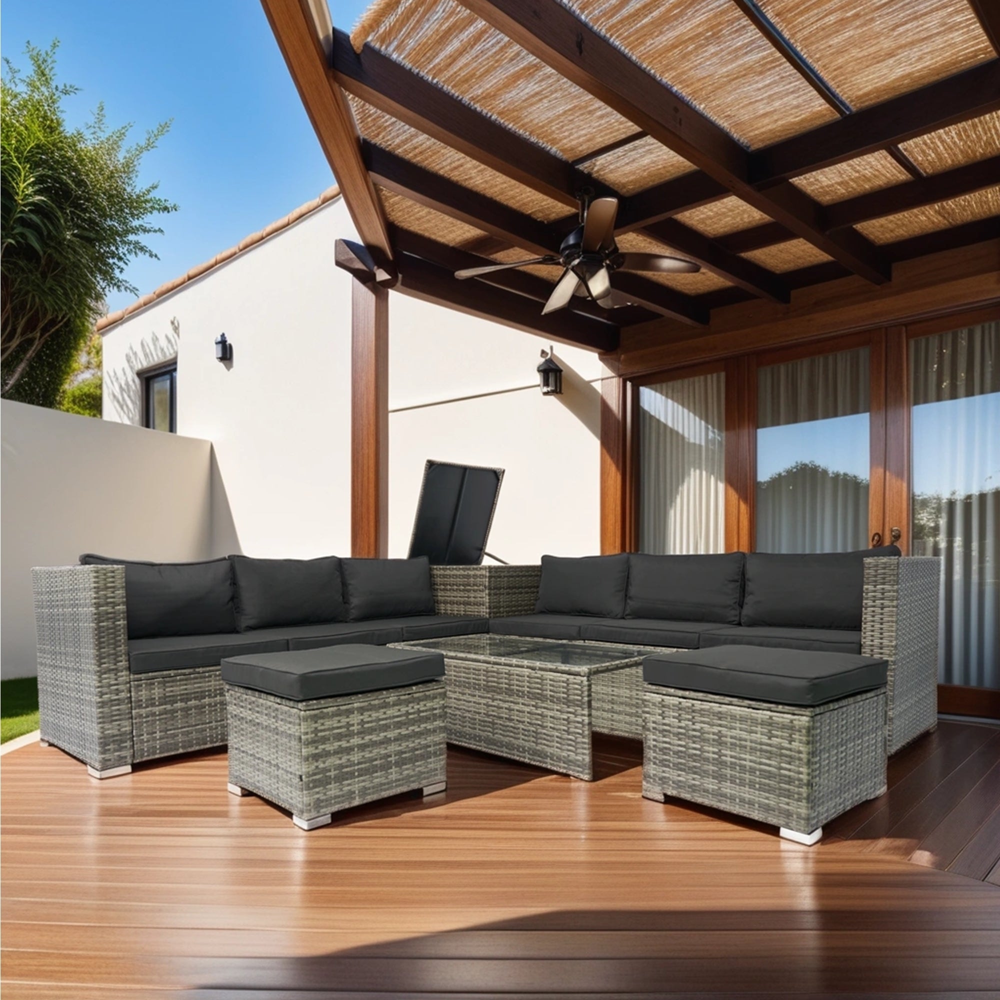 🆓🚛 8 Piece Patio Sectional Wicker Rattan Outdoor Furniture Sofa Set With 1 Storage Box Under Seat and Cushion Box Gray Wicker + Black Cushion + Clear Glass Top