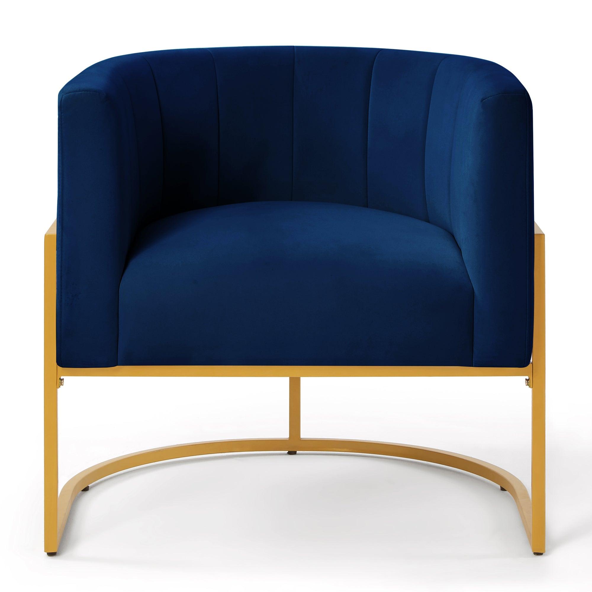 🆓🚛 Upholstered Velvet Accent Chair With Golden Metal Stand, Mid-Century Living Room Leisure Chair With Curve Backrest, Navy