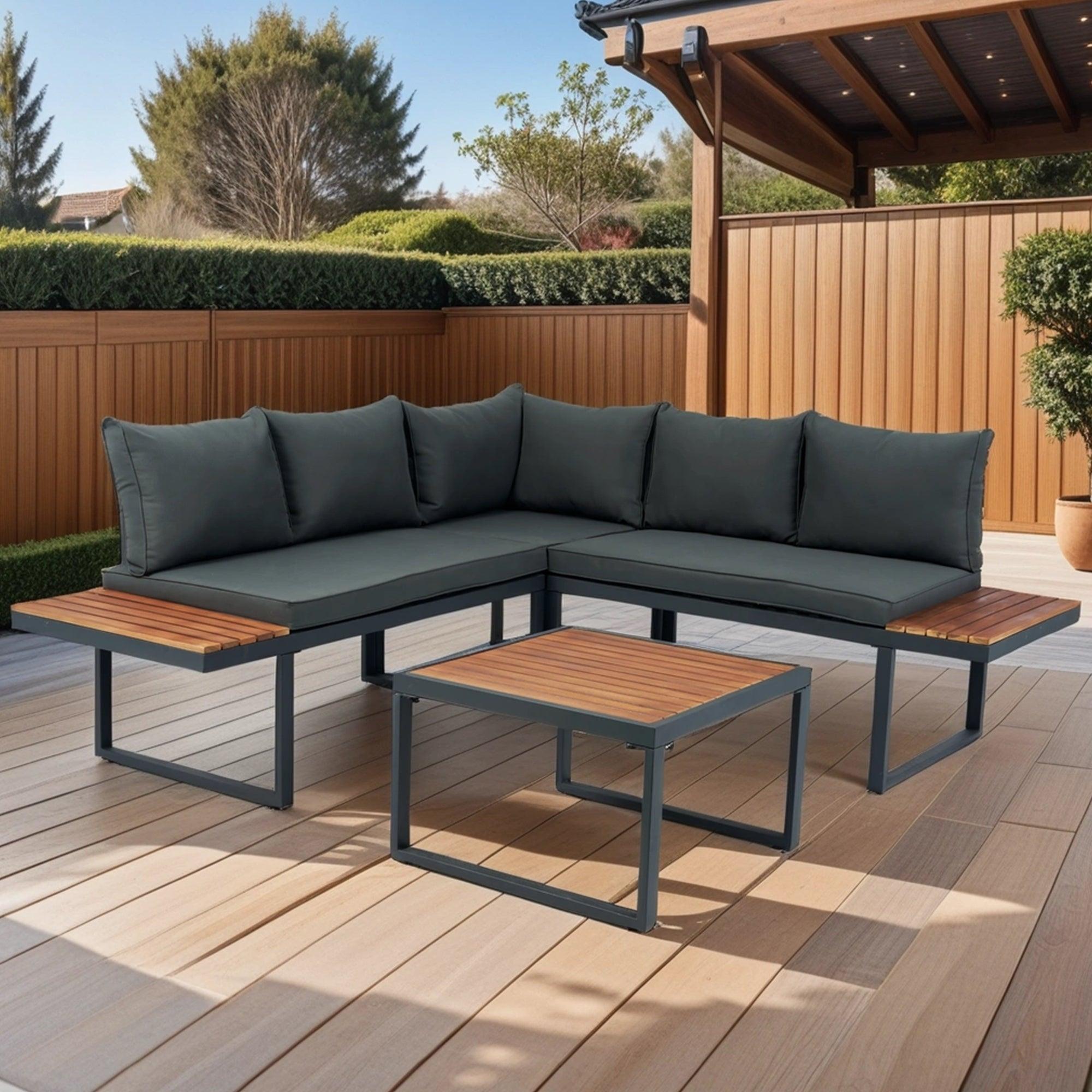 🆓🚛 4 Piece L-Shaped Patio Wicker Outdoor 5-Seater Sectional Sofa Seating Group Conversation Set with Side Table & Dark Grey Cushions