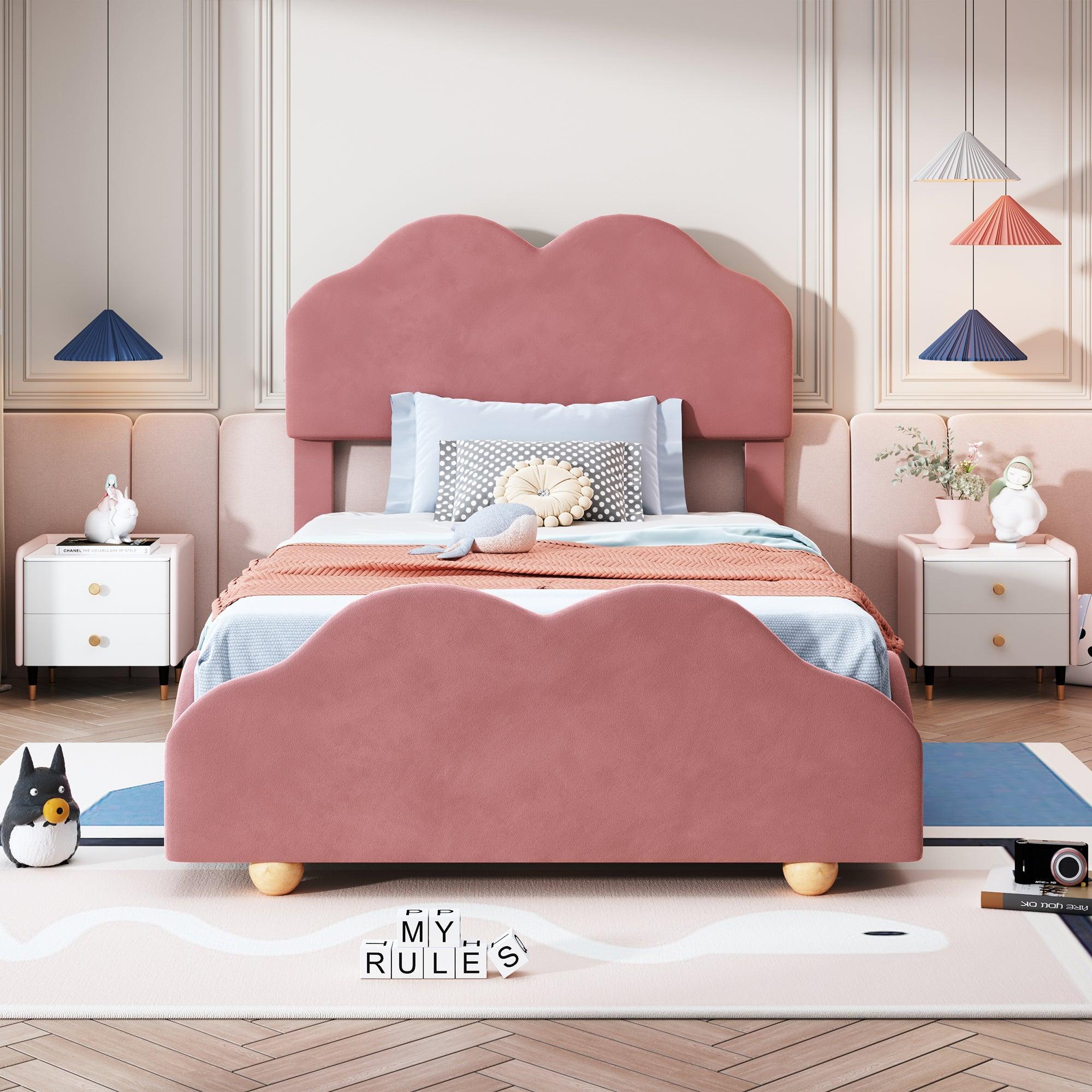 🆓🚛 Twin Size Upholstered Platform Bed With Cloud Shaped Bed Board, Dark Pink