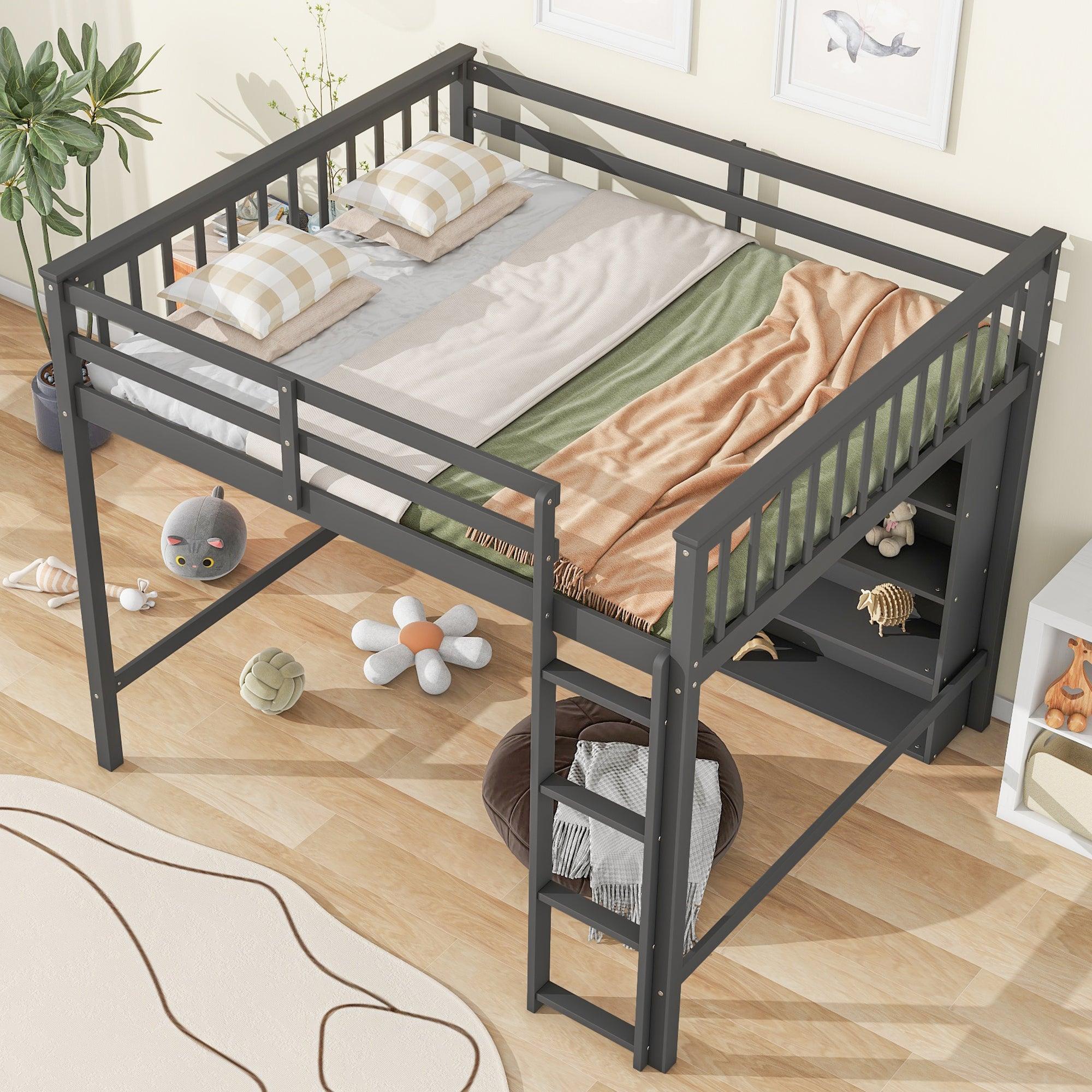 🆓🚛 Full Size Loft Bed With 8 Open Storage Shelves & Built-in Ladder, Gray