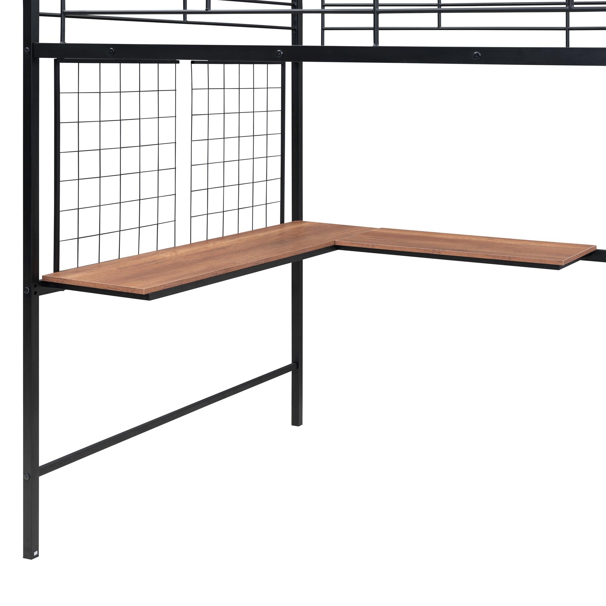 Full Size Metal Loft Bed with Desk and Metal Grid, Stylish Metal Frame Bed with Lateral Storage Ladder and Wardrobe, Black