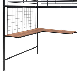 Full Size Metal Loft Bed with Desk and Metal Grid, Stylish Metal Frame Bed with Lateral Storage Ladder and Wardrobe, Black