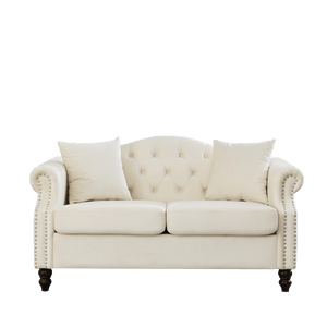 57" Chesterfield Sofa Grey Velvet for Living Room, 2 Seater Sofa Tufted Couch with Rolled Arms and Nailhead, with 2 Pillows